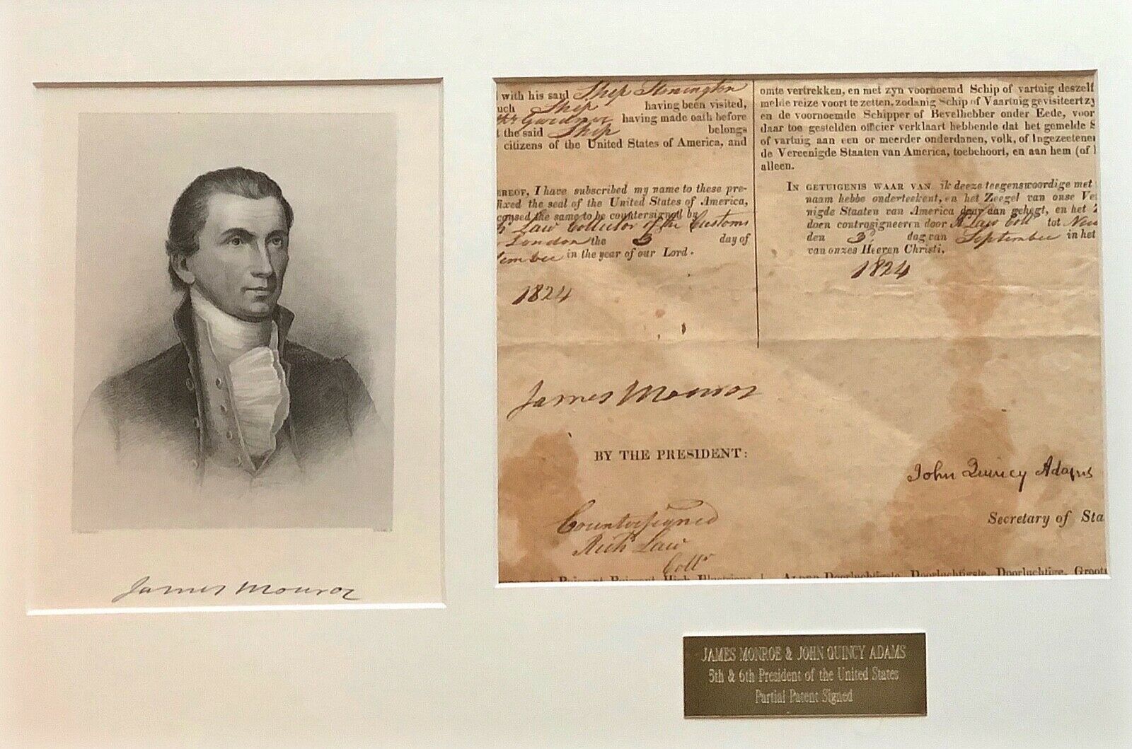 JAMES MONROE & JOHN QUINCY ADAMS * BAS * AUTOGRAPH Partial Patent SIGNED