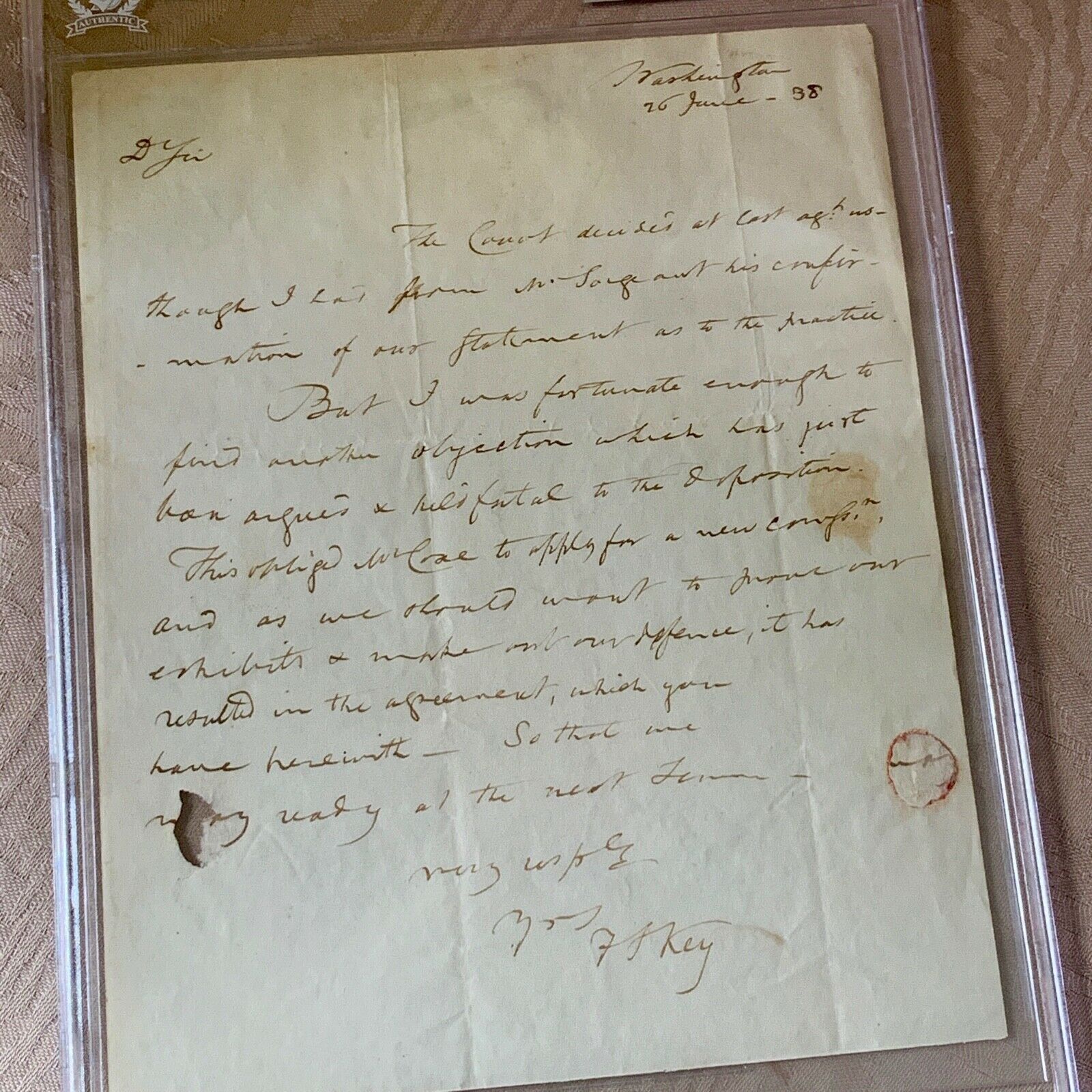 FRANCIS SCOTT KEY * AUTOGRAPH Legal Note SIGNED * "STAR SPANGLED BANNER" Author