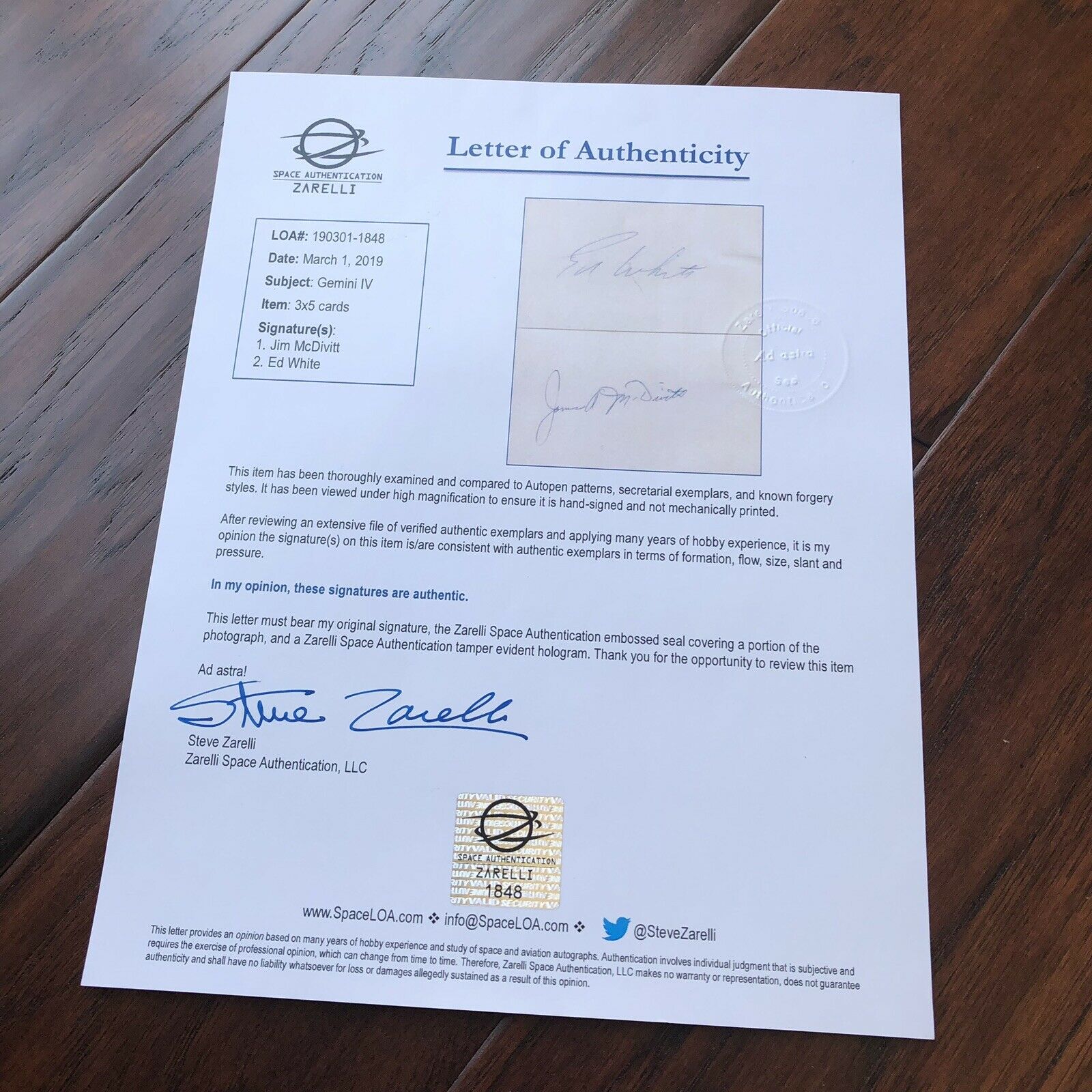 GEMINI IV * FLOWN FLAG * Autograph EDWARD WHITE JAMES MCDIVITT Signed Apollo COA