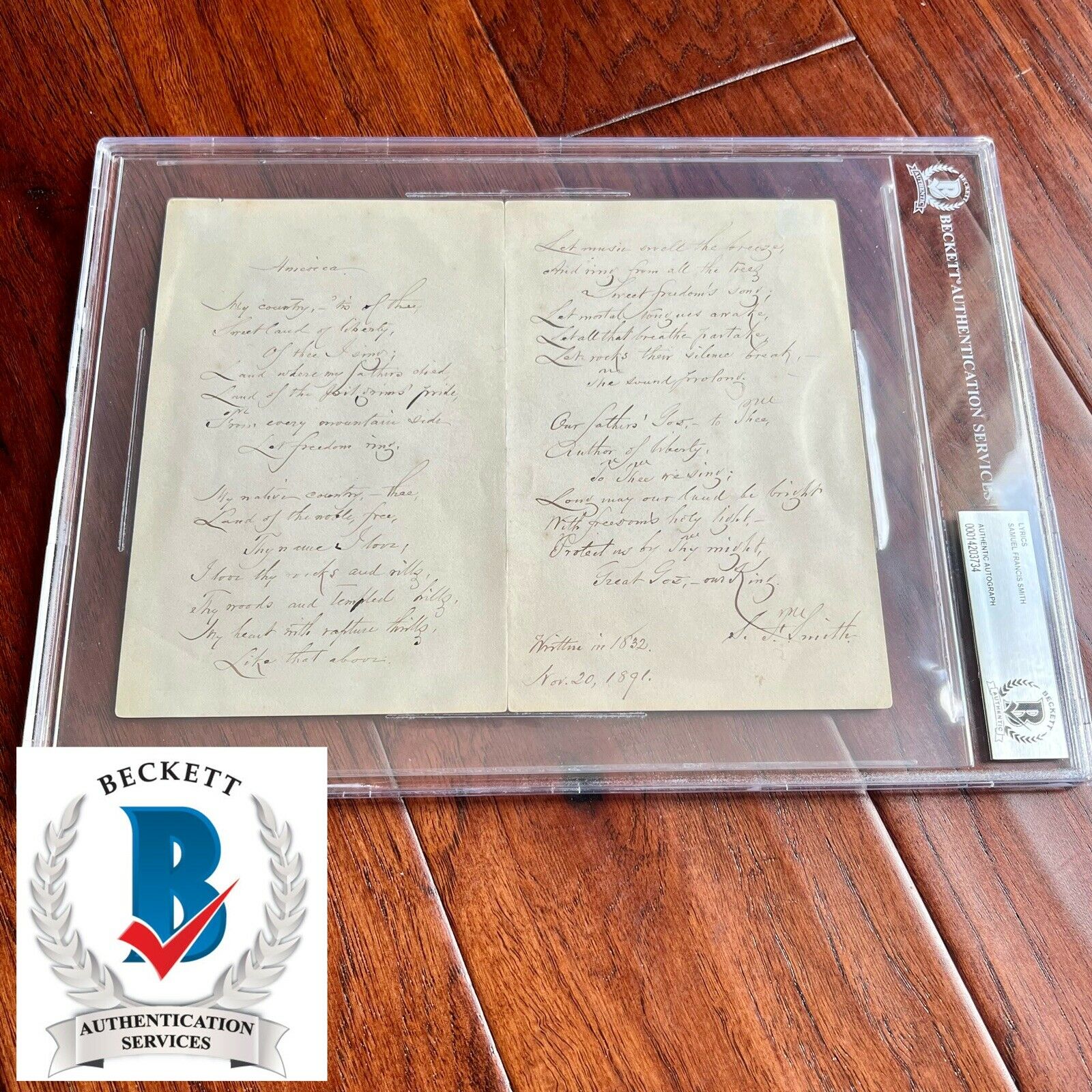 SAMUEL FRANCIS SMITH *Beckett BAS * America / My Country 'Tis of Thee AUTOGRAPH