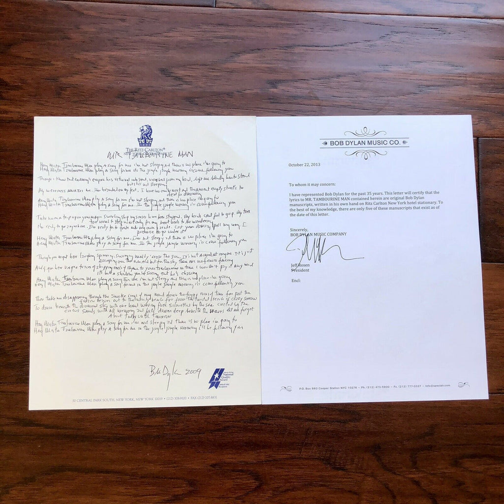 BOB DYLAN * Autograph Signed Handwritten Lyrics Mr Tambourine Man * From Manager