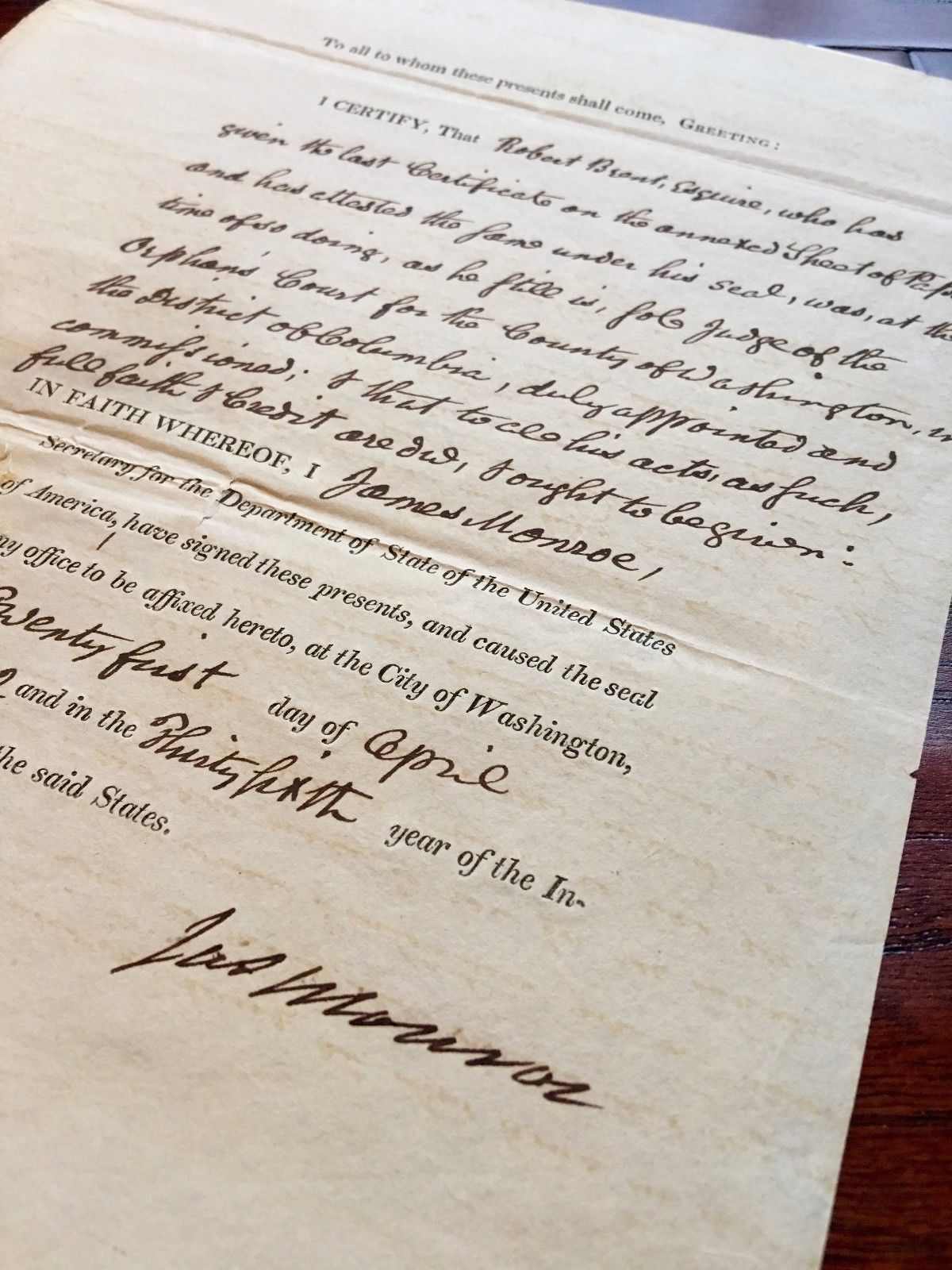 President JAMES MONROE * AUTOGRAPH SIGNED as Secretary of State Certifies Judge