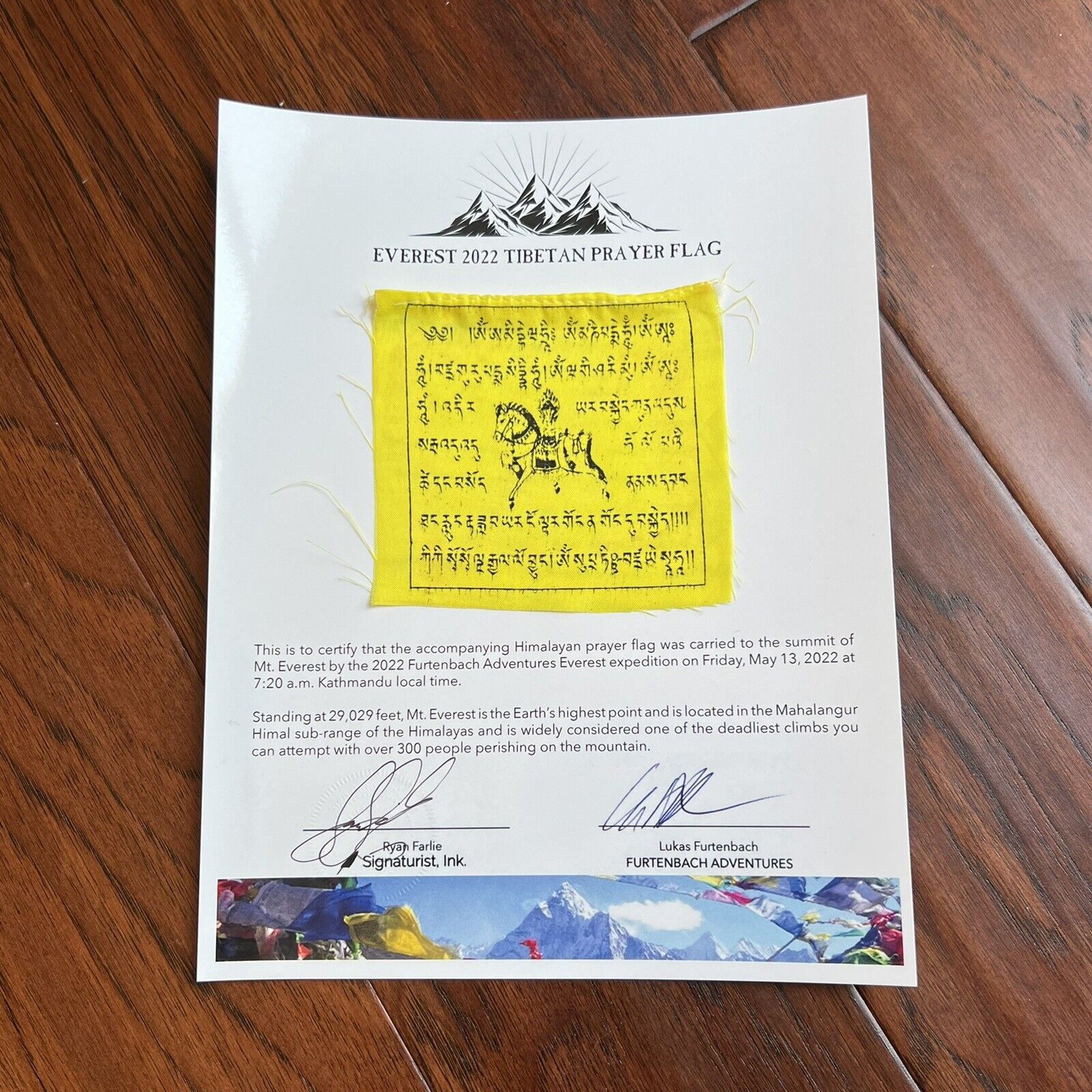 MOUNT EVEREST Genuine Prayer Flag ARTIFACT Carried to the Summit of MT 29029 FT