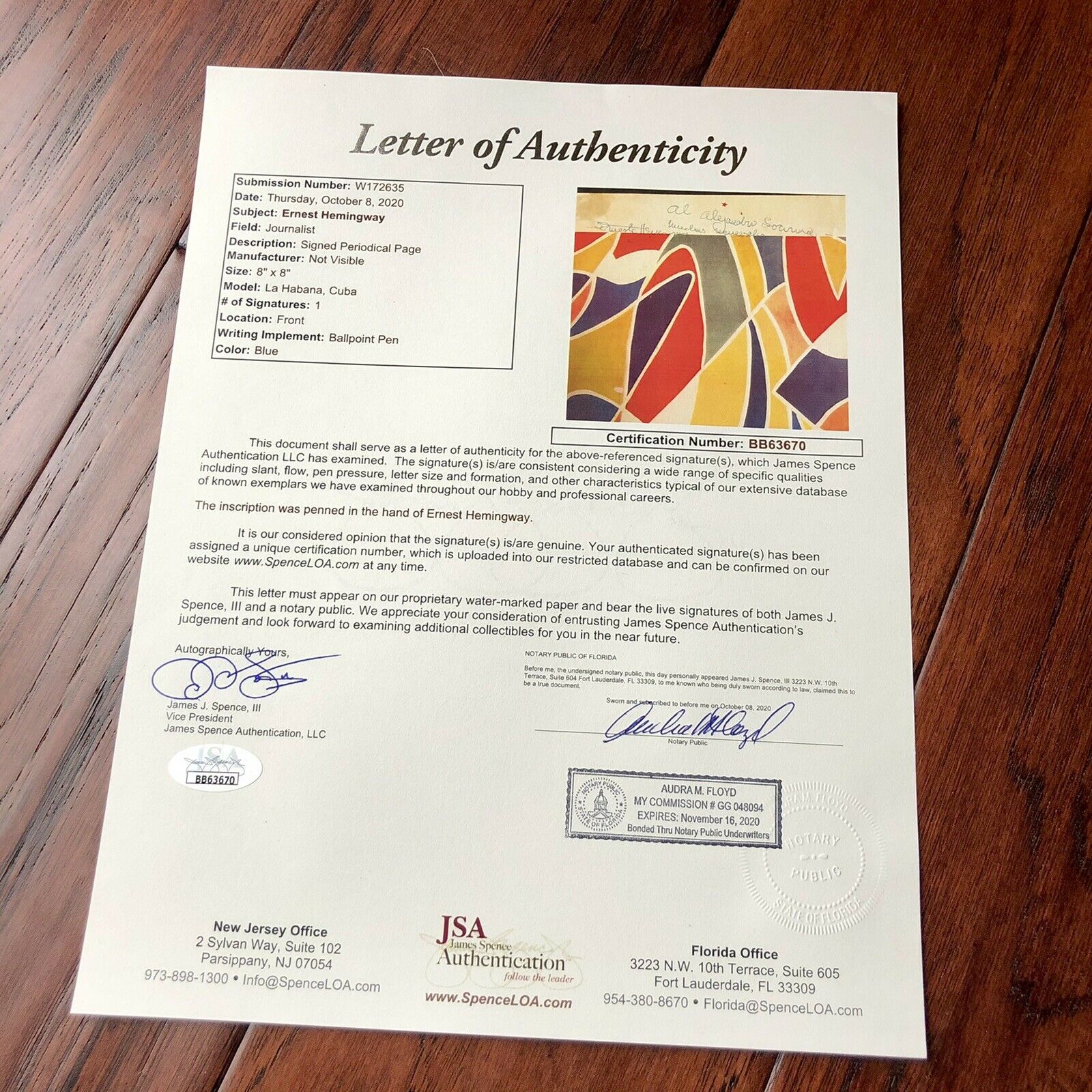 ERNEST HEMINGWAY * JSA LOA * Hand Signed Magazine Page Autograph * Provenance