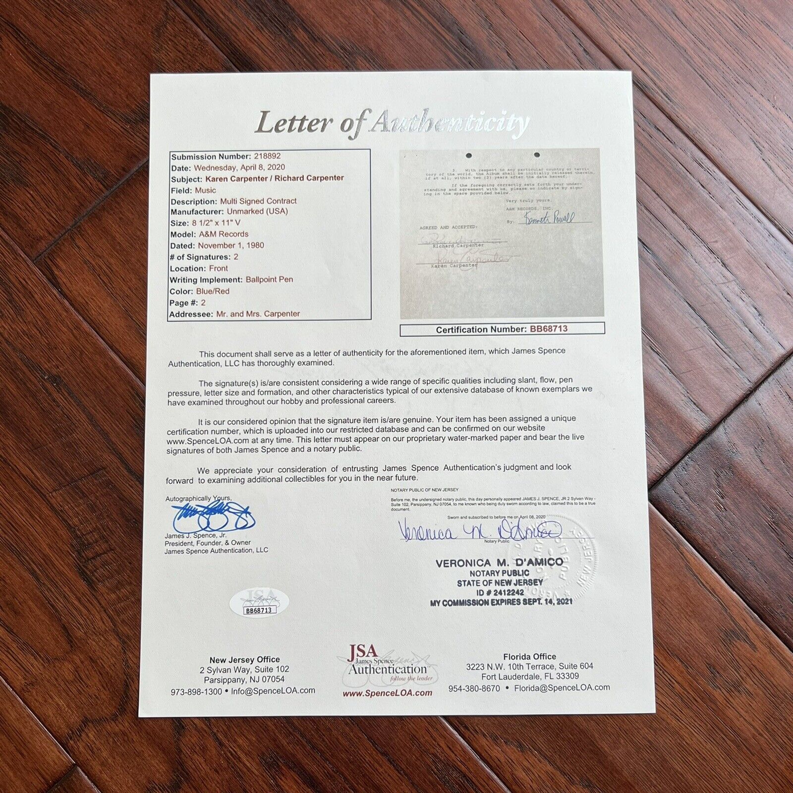 THE CARPENTERS * JSA * Karen & Richard AUTOGRAPH Duo * MUSIC CONTRACT * Signed