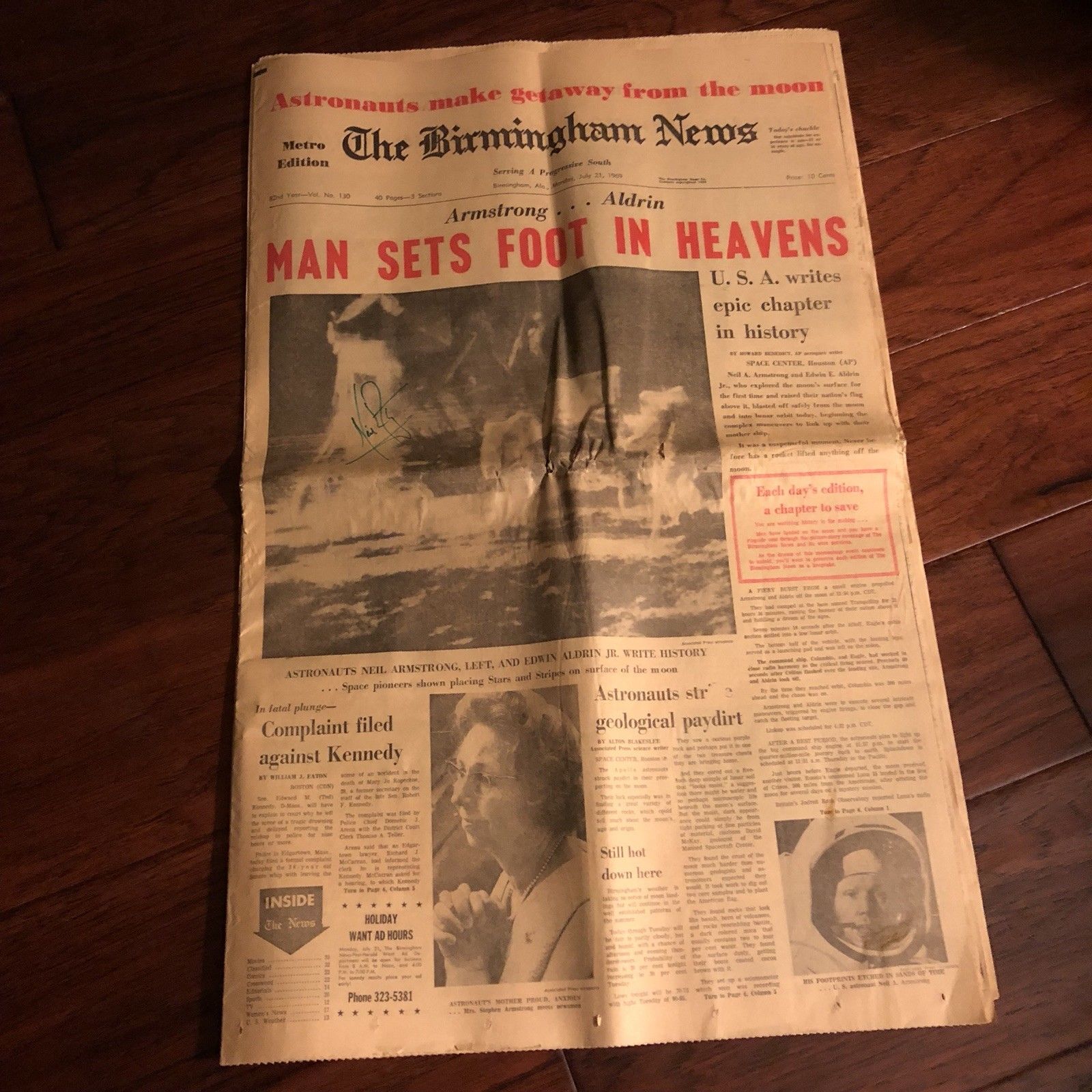 NEIL ARMSTRONG * Hand Signed Autograph Newspaper * APOLLO 11 * Zarelli Authentic