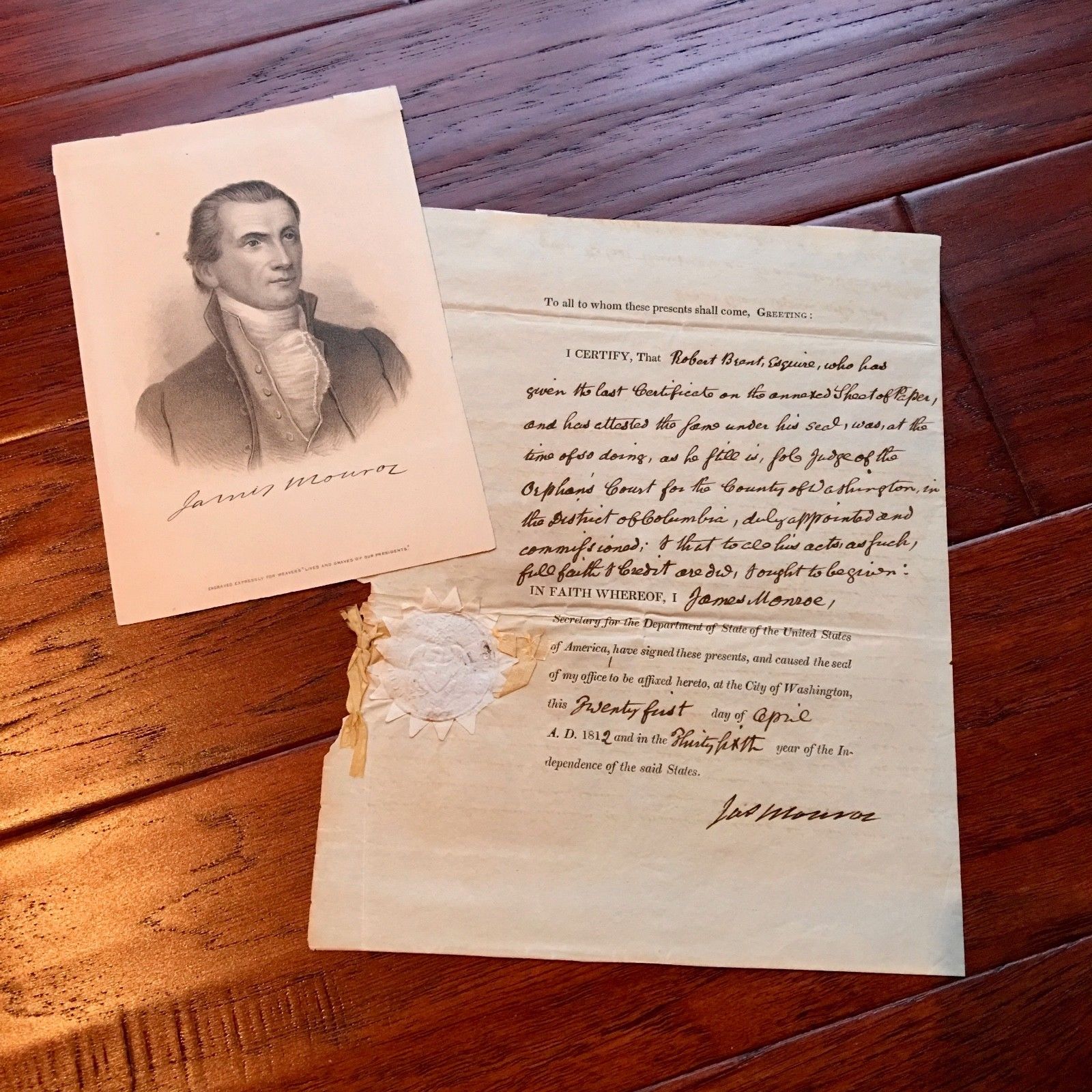 President JAMES MONROE * AUTOGRAPH SIGNED as Secretary of State Certifies Judge