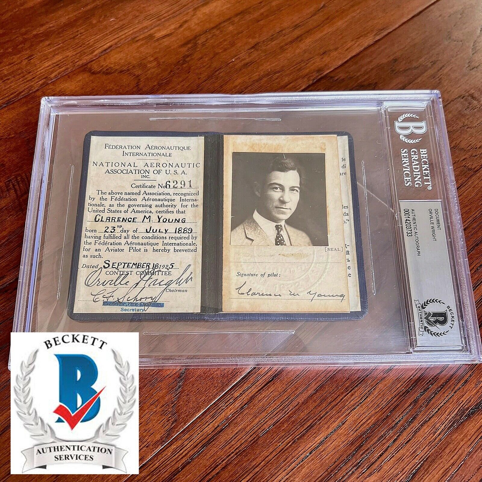 ORVILLE WRIGHT * BAS * Authentic AUTOGRAPH Pilot License SIGNED * Beckett