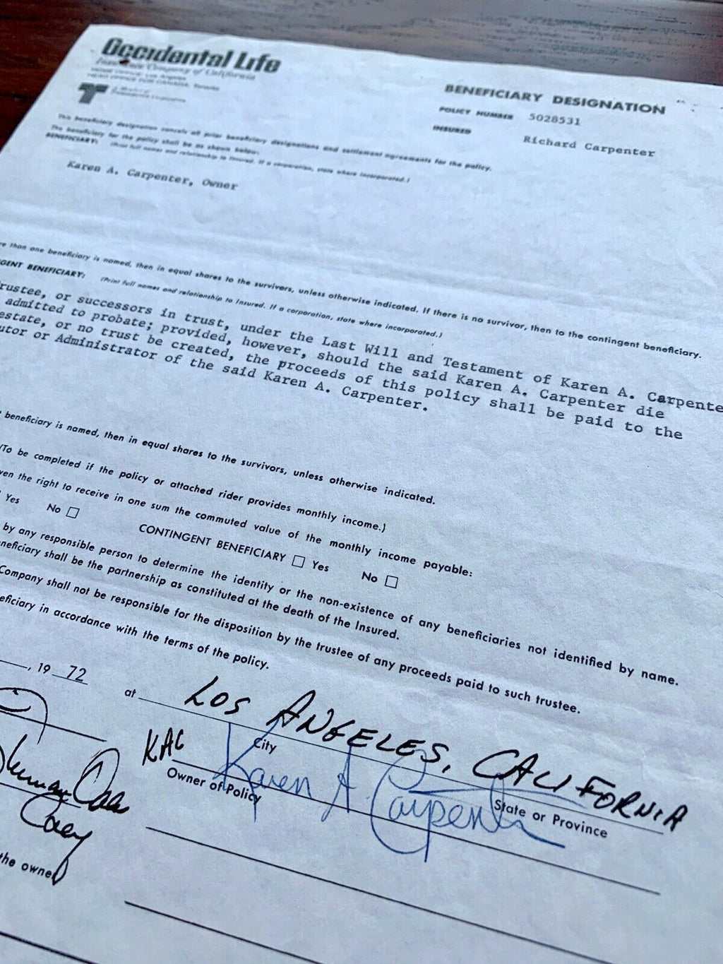 THE CARPENTERS * JSA * Karen's LIFE INSURANCE Beneficiary Form Autograph SIGNED