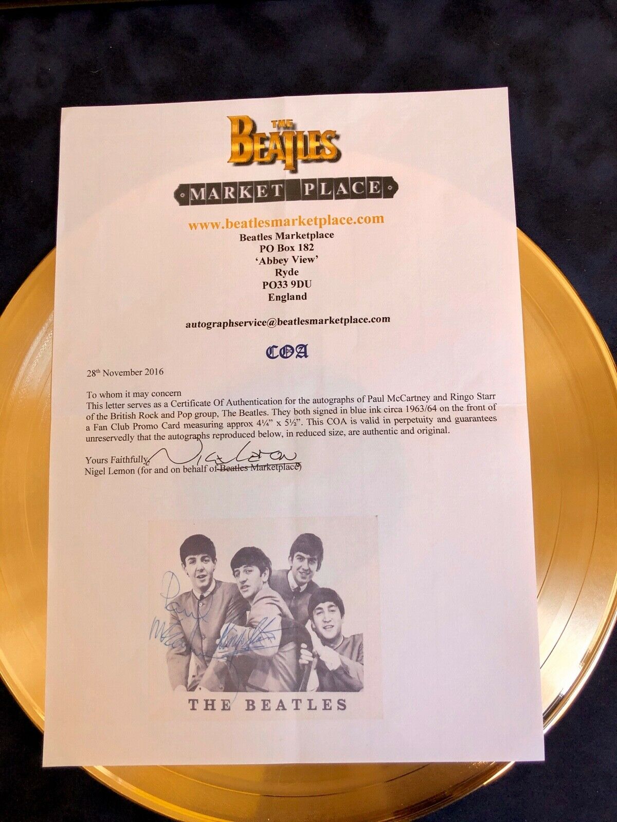 PAUL MCCARTNEY + RINGO STARR SIGNED Beatles PEPPER Autographs Gold Record * COA