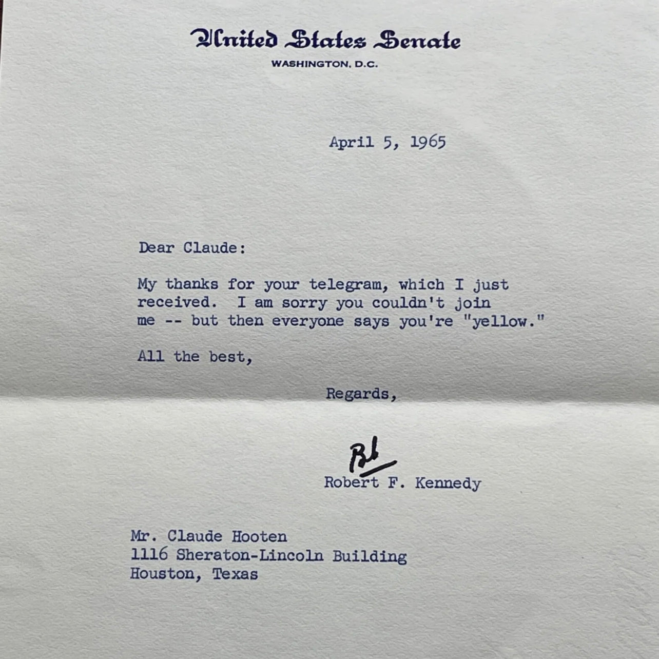 ROBERT F KENNEDY * PSA 10 * Autograph Letter Calling a Friend "Yellow" Signed