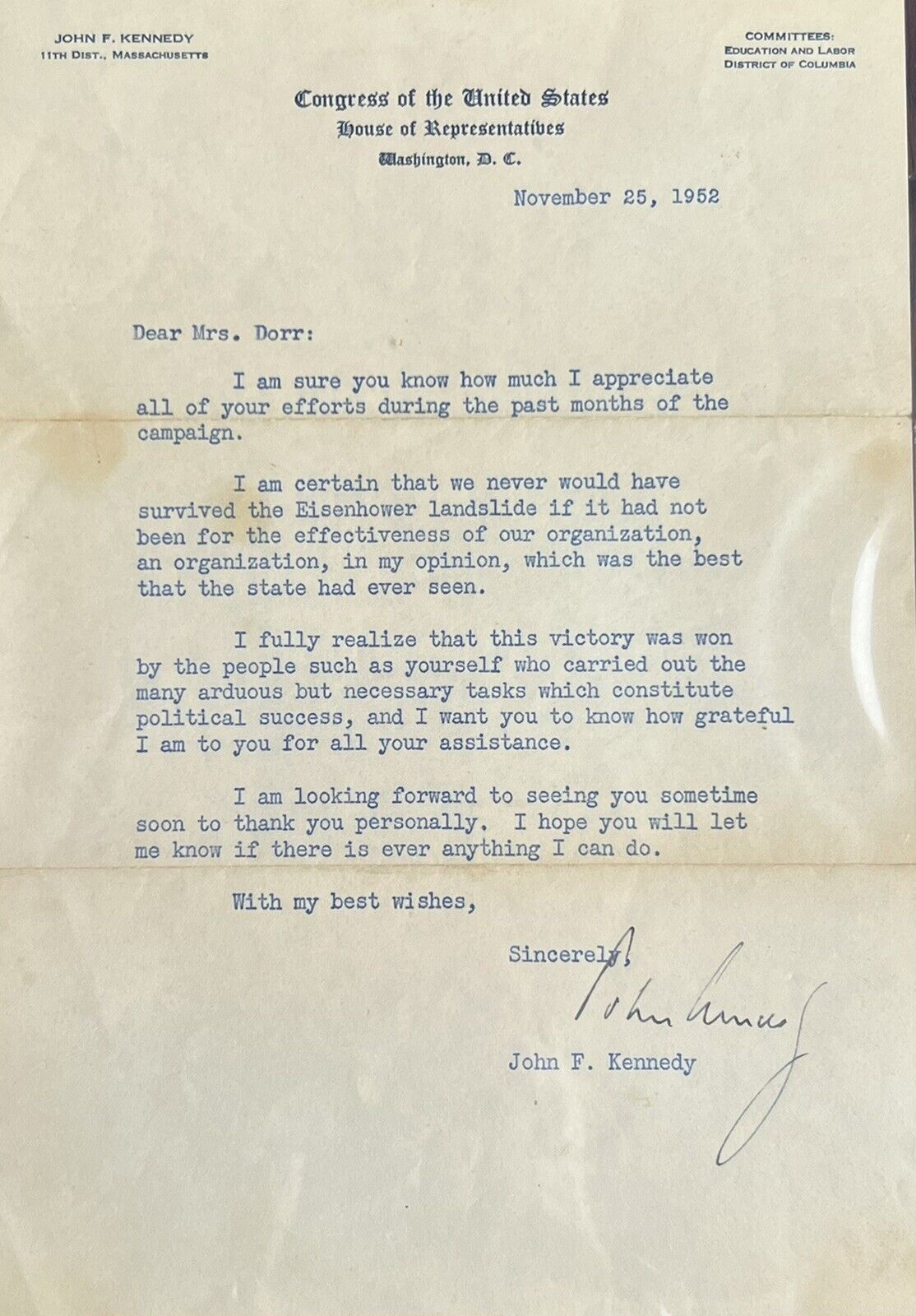 JOHN F. KENNEDY * Beckett BAS * Autograph Senate Letter Re: Eisenhower Signed