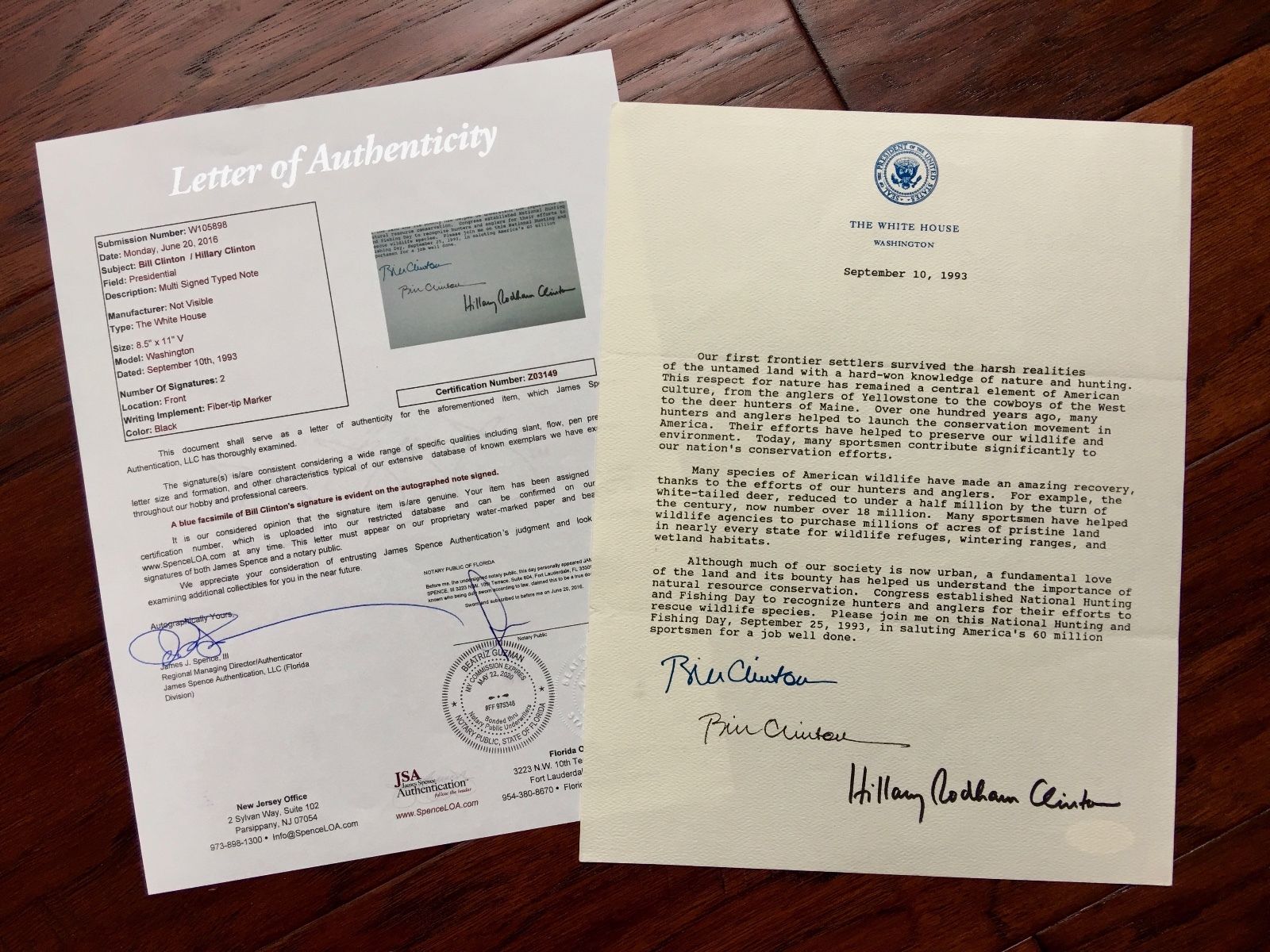 BILL CLINTON HILLARY AUTOGRAPH as-PRESIDENT White House Proclamation JSA COA