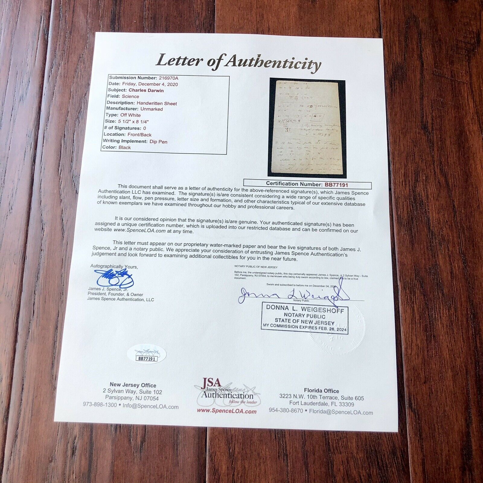 CHARLES DARWIN * JSA * Handwritten Autograph Mathematical Equations * Not Signed