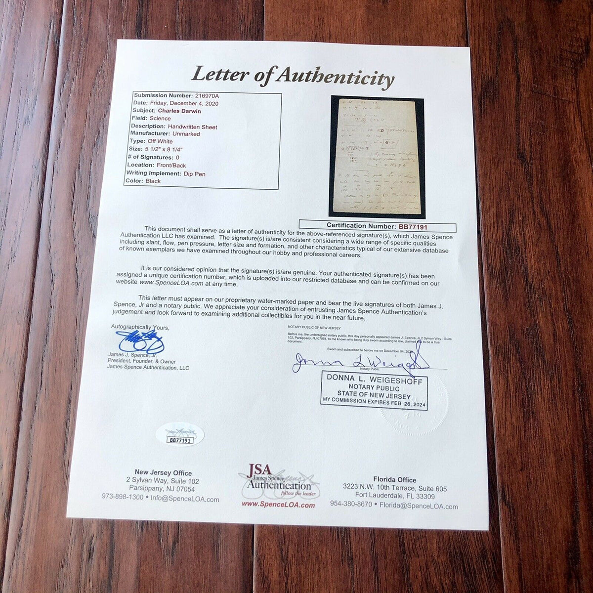 CHARLES DARWIN * JSA * Handwritten Autograph Mathematical Equations * Not Signed