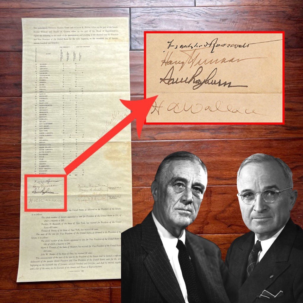FRANKLIN D ROOSEVELT & HARRY TRUMAN * Signed Electoral Senate Vote Autograph JSA