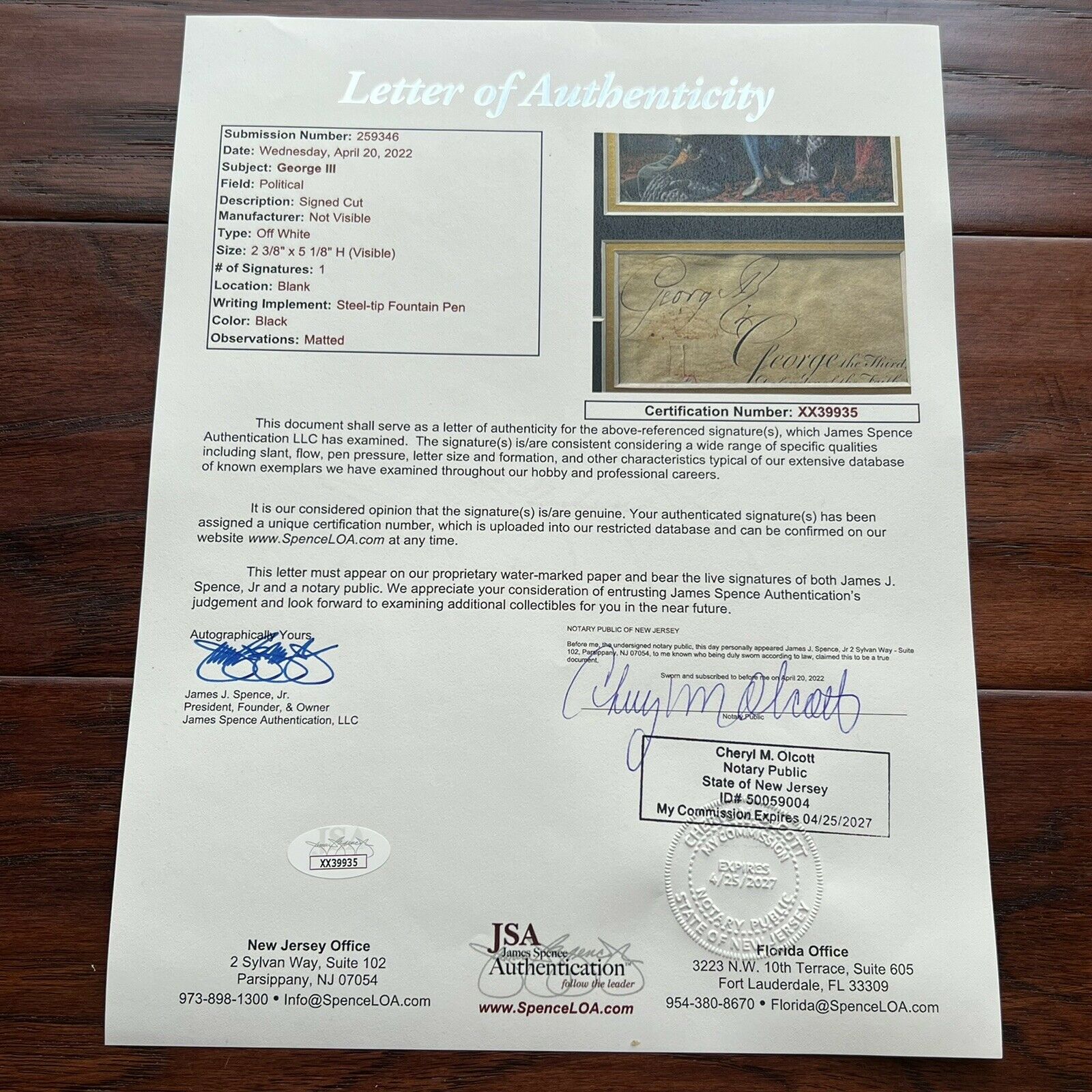 KING GEORGE III * JSA LOA * Hand Signed Large Signature Autograph Display *