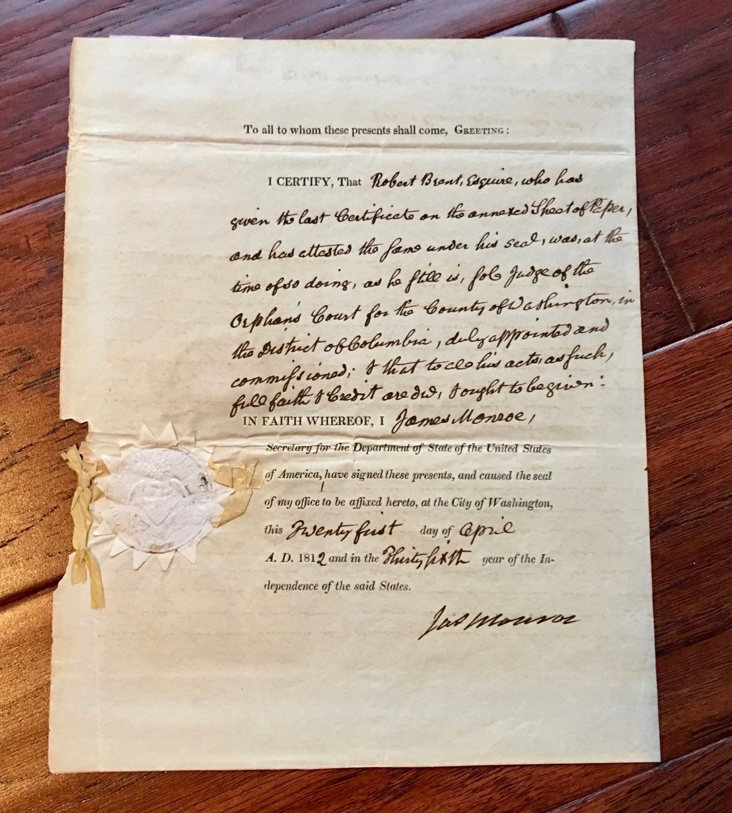 President JAMES MONROE * AUTOGRAPH SIGNED as Secretary of State Certifies Judge