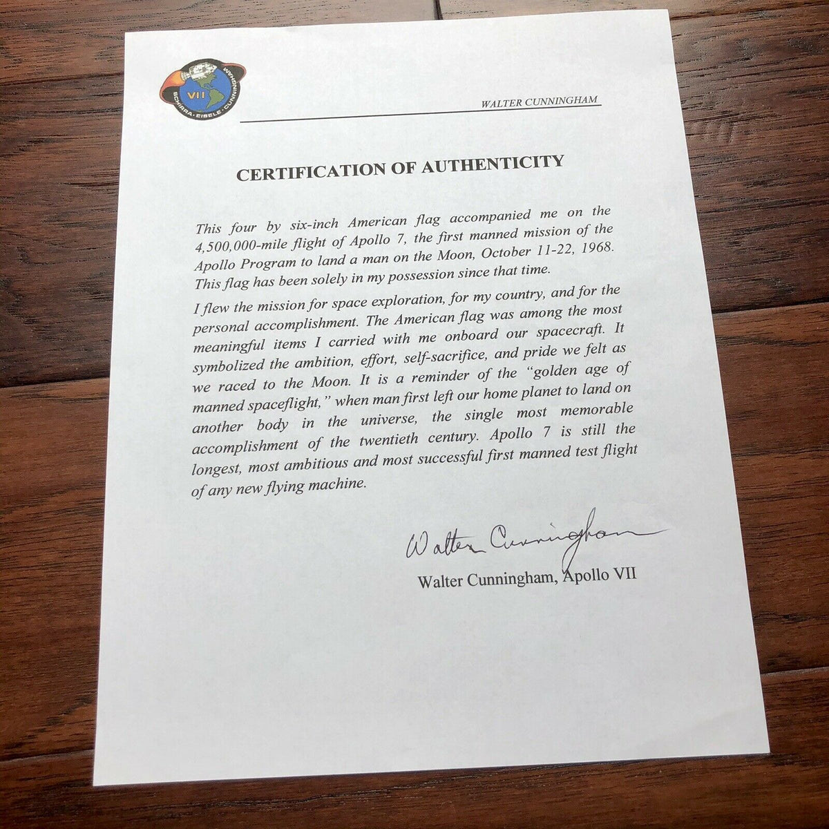 APOLLO 7 * Walt Cunningham Personal Collection Signed FLOWN US Flag * Autograph