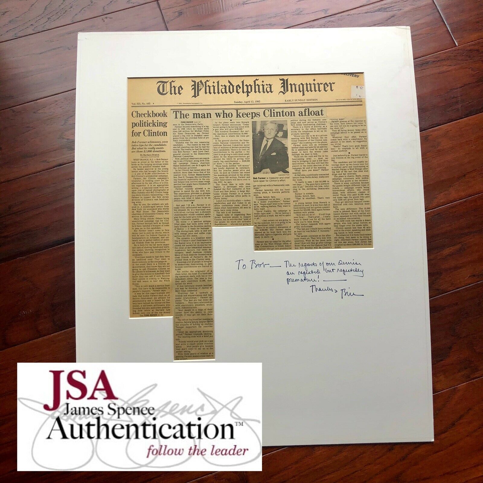 BILL CLINTON * JSA LOA * Signed Autograph Newspaper * Comeback Kid Inscription