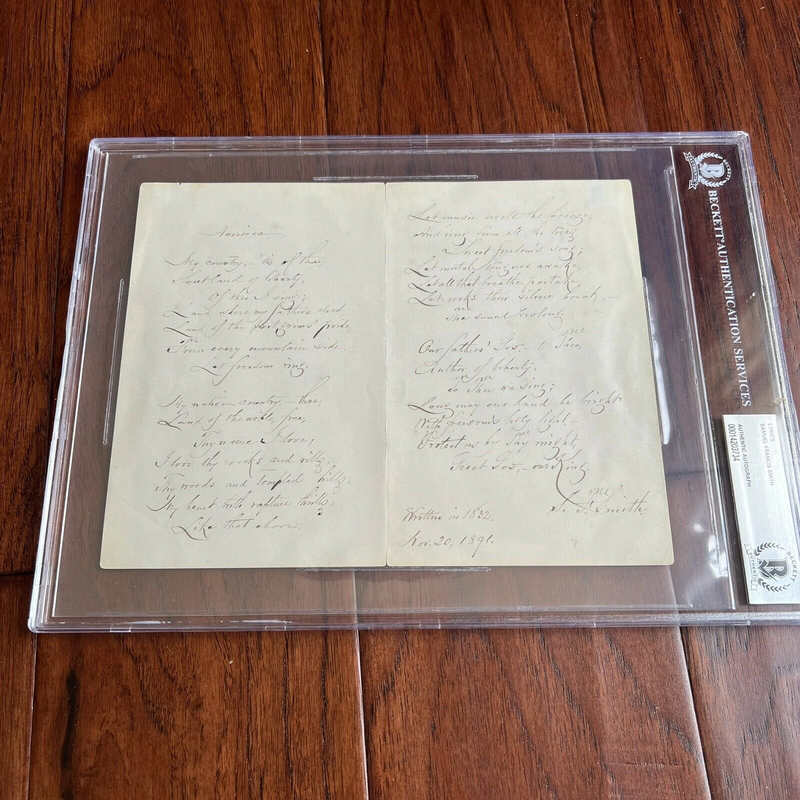 SAMUEL FRANCIS SMITH *Beckett BAS * America / My Country 'Tis of Thee AUTOGRAPH