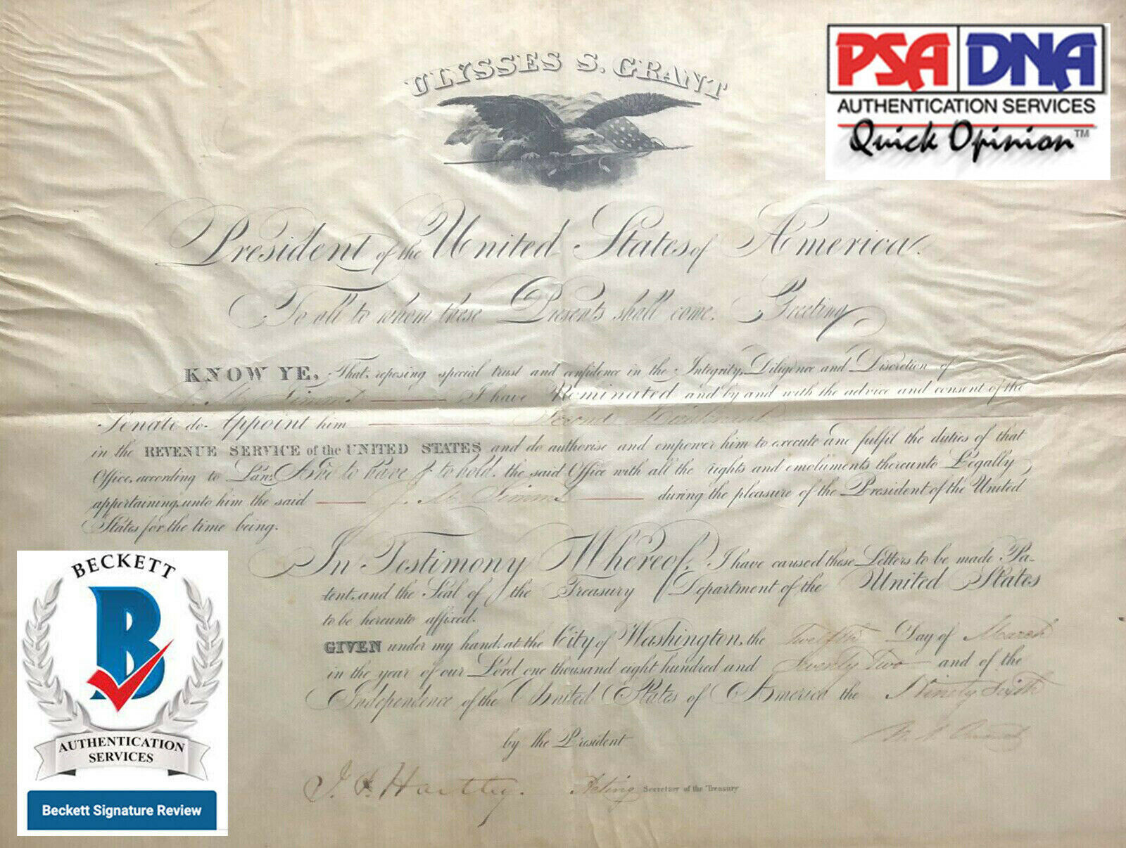 ULYSSES S. GRANT * BAS * 1872 Autograph Appointment Signed * AS PRESIDENT