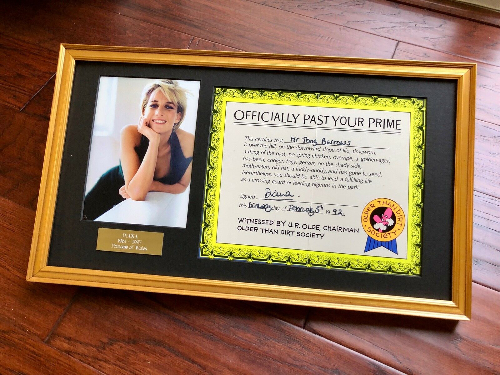 Princess DIANA * BAS * "Past Your Prime" AUTOGRAPH Birthday Certificate SIGNED
