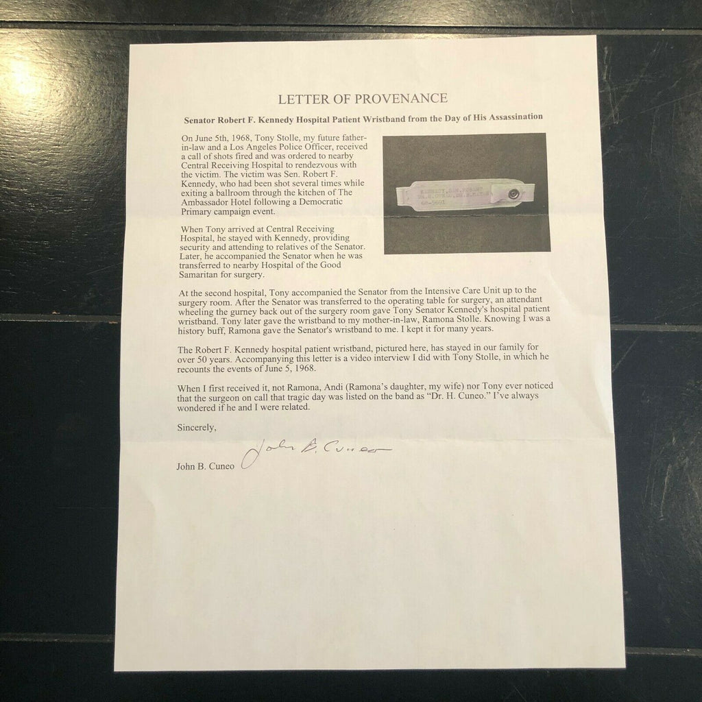ROBERT F. KENNEDY * Hospital ID Bracelet from Night of his Assassination * RFK