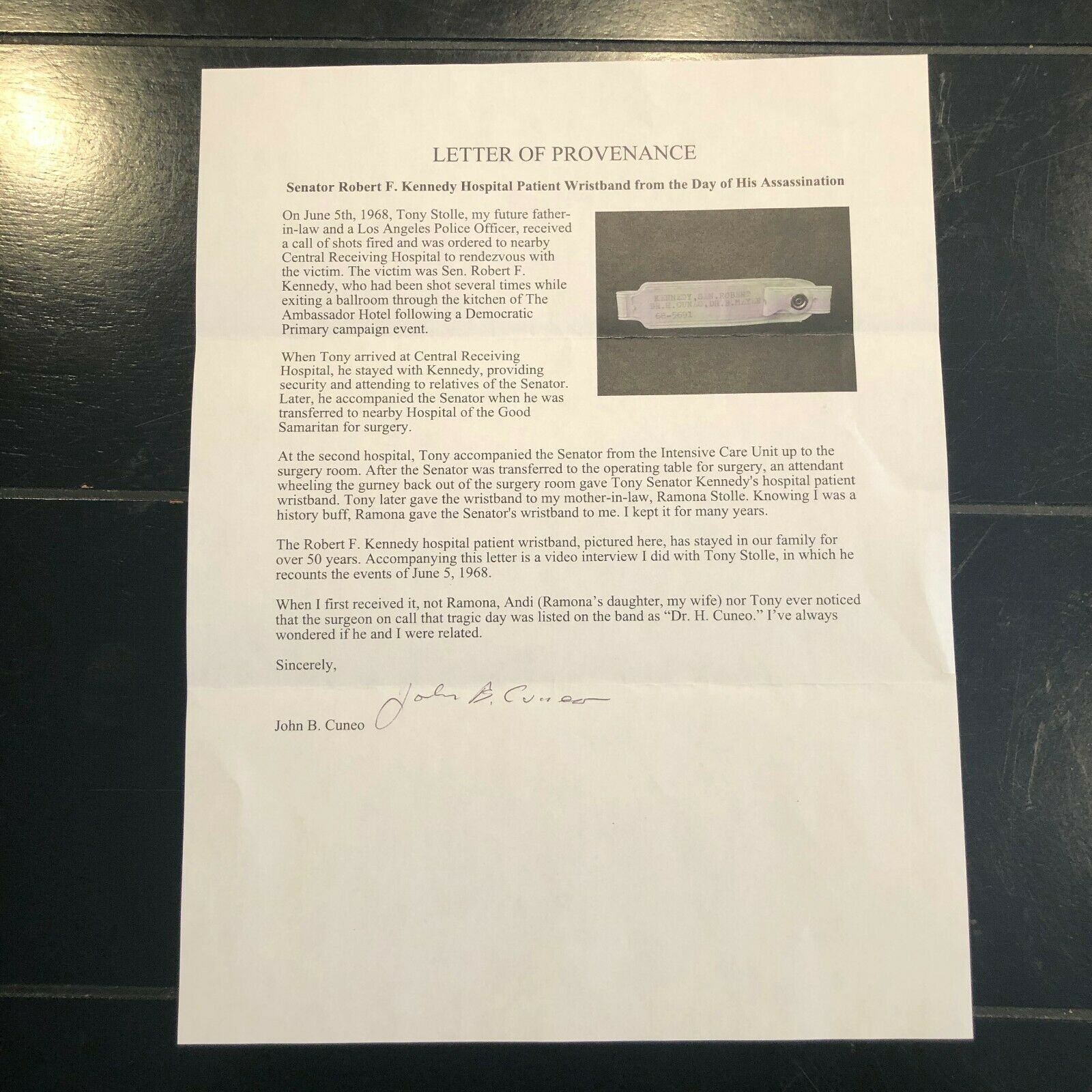 ROBERT F. KENNEDY * Hospital ID Bracelet from Night of his Assassination * RFK