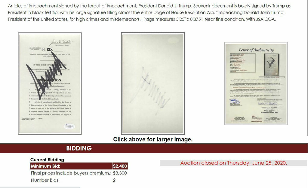 DONALD TRUMP * JSA LOA * Souvenir ARTICLES OF IMPEACHMENT Signed Autograph