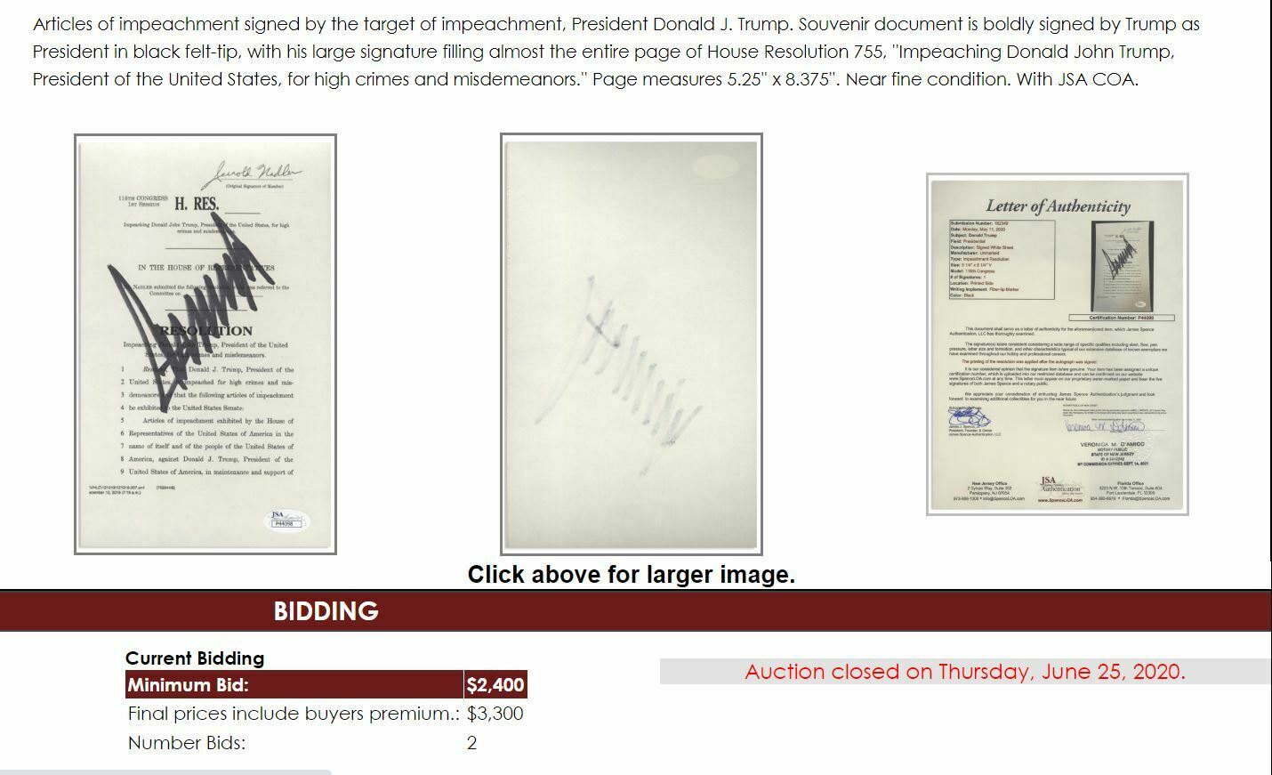 DONALD TRUMP * JSA LOA * Souvenir ARTICLES OF IMPEACHMENT Signed Autograph
