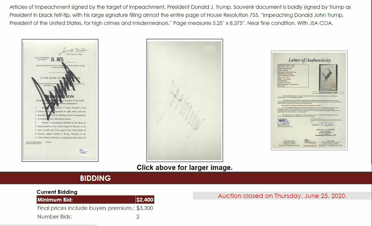DONALD TRUMP * JSA LOA * Souvenir ARTICLES OF IMPEACHMENT Signed Autograph