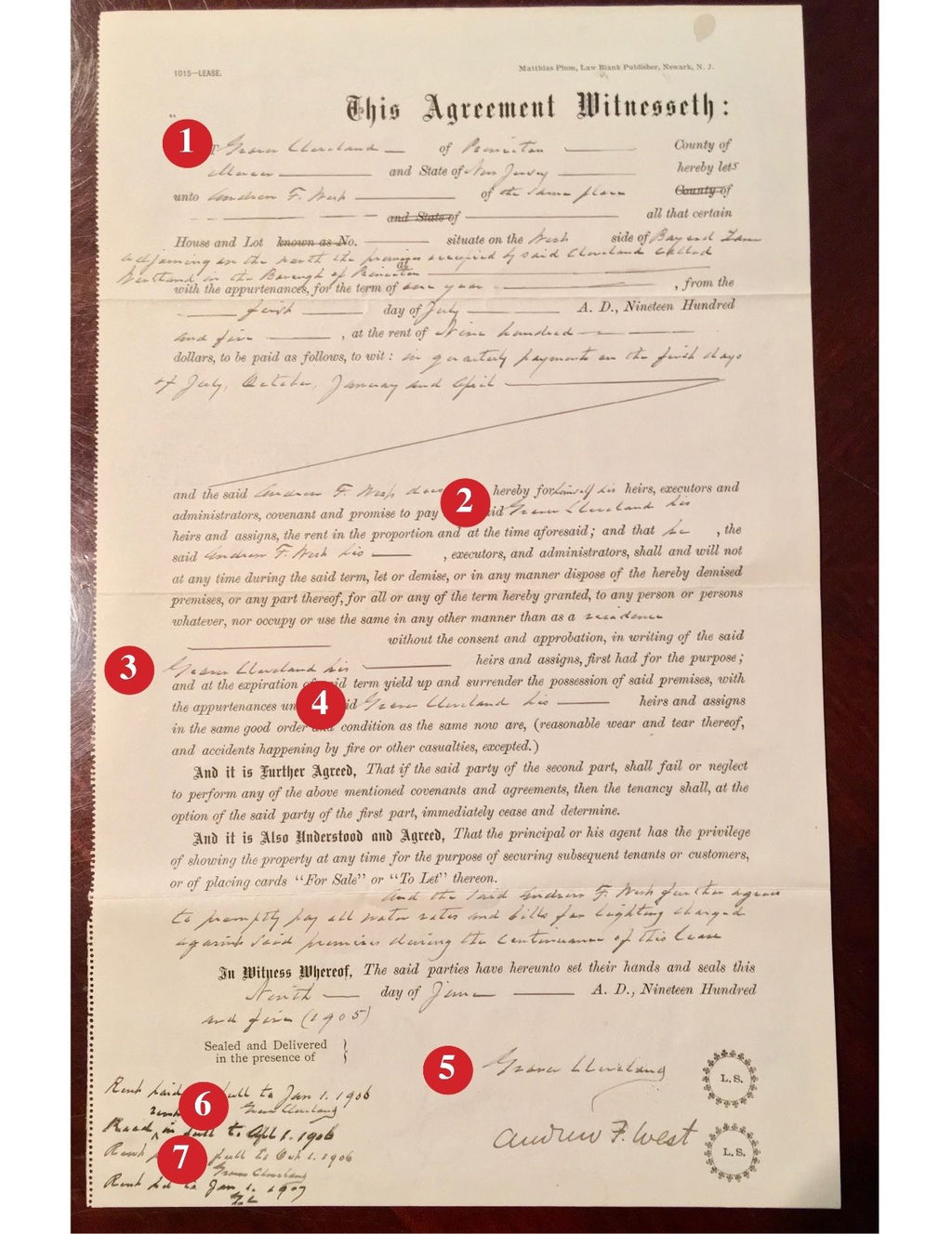 GROVER CLEVELAND * SIGNED 8x AUTOGRAPH Handwritten WESTLAND Lease * President