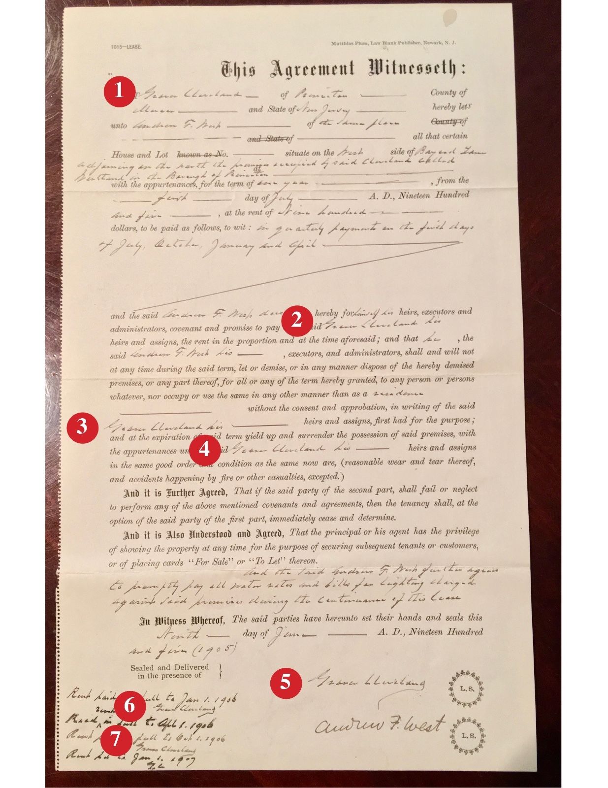GROVER CLEVELAND * SIGNED 8x AUTOGRAPH Handwritten WESTLAND Lease * President