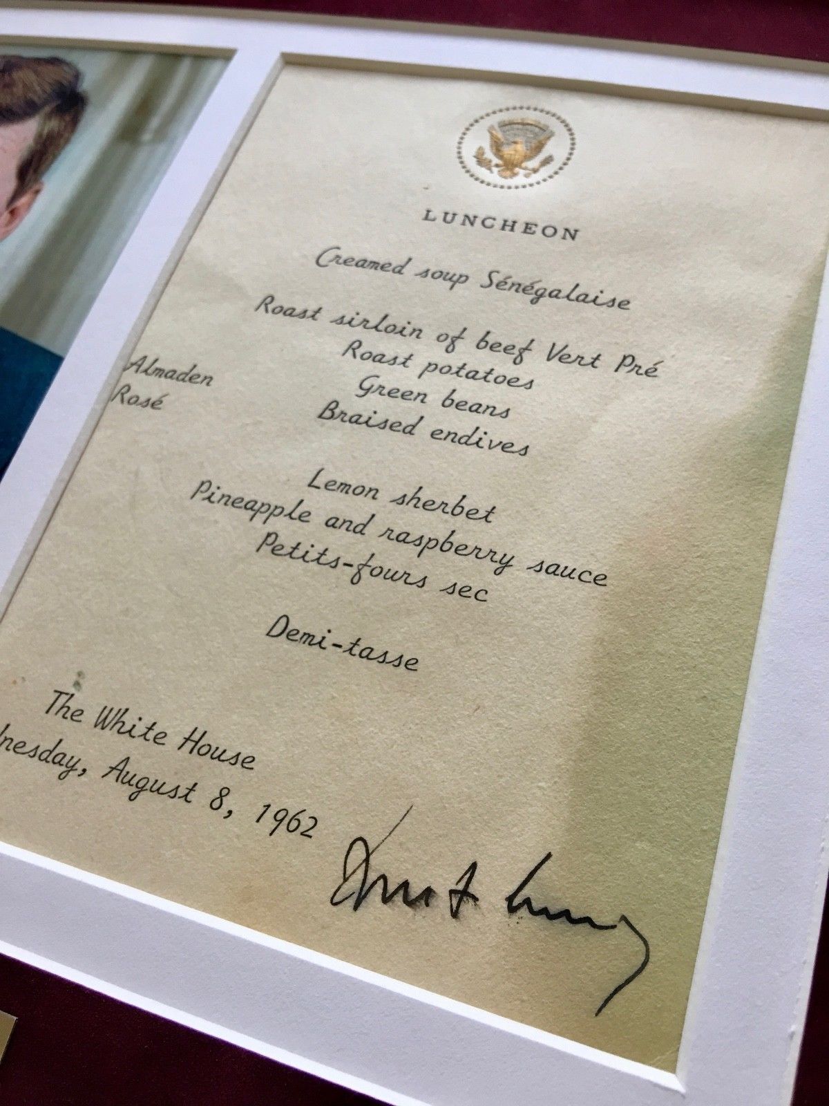 JOHN F. KENNEDY * AUTOGRAPH as PRESIDENT * White House Menu SIGNED * JFK 1962