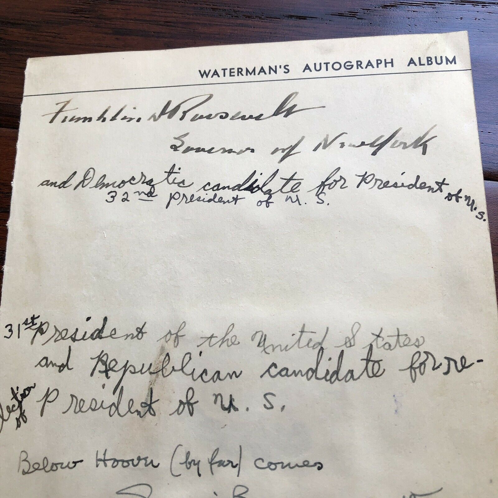 FRANKLIN D. ROOSEVELT * JSA LOA * Waterman's Autograph Album Signed Page *