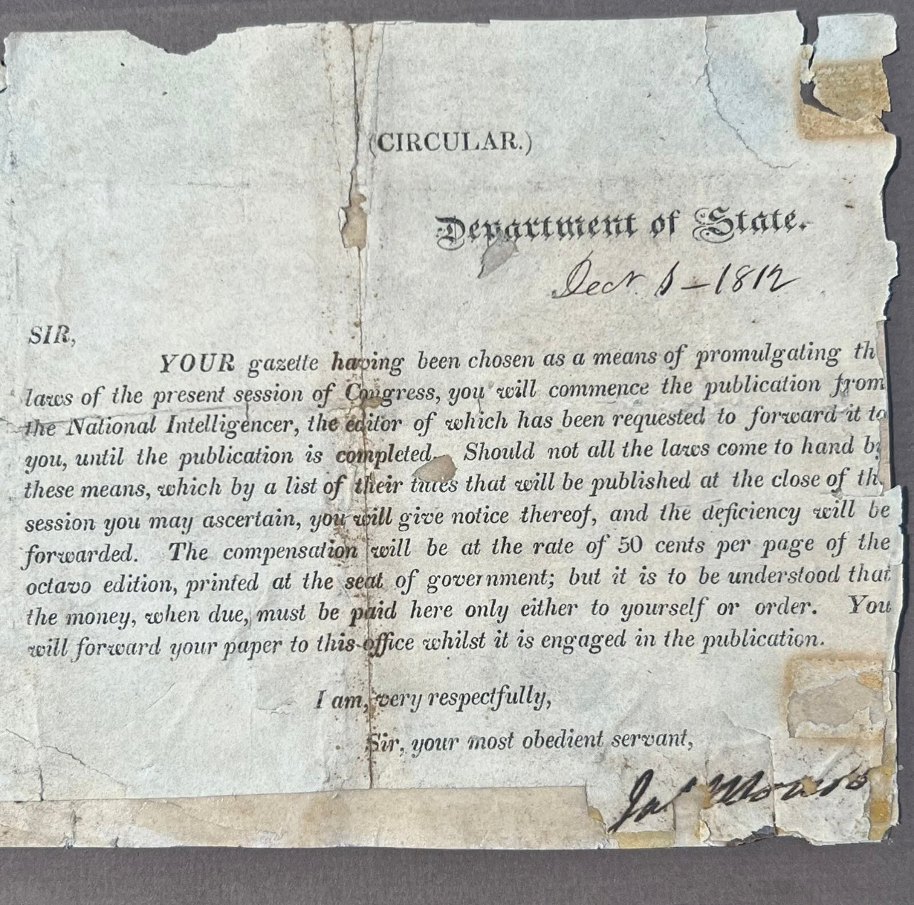 JAMES MONROE * JSA LOA * Autograph Request to Publish Declaration of War Signed
