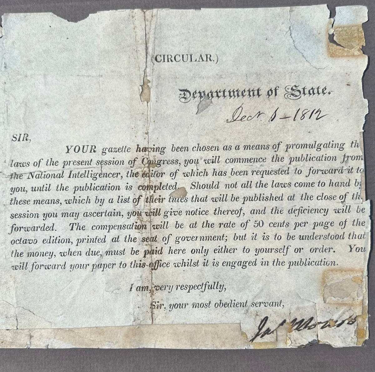 JAMES MONROE * JSA LOA * Autograph Request to Publish Declaration of War Signed