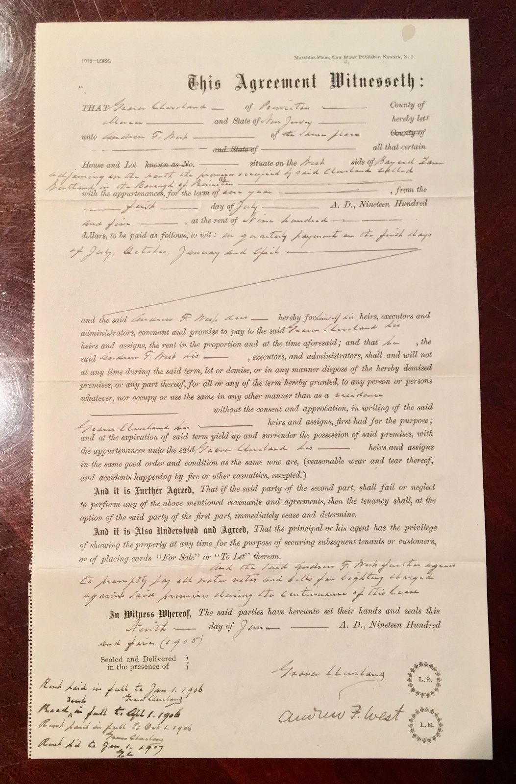 GROVER CLEVELAND * SIGNED 8x AUTOGRAPH Handwritten WESTLAND Lease * President