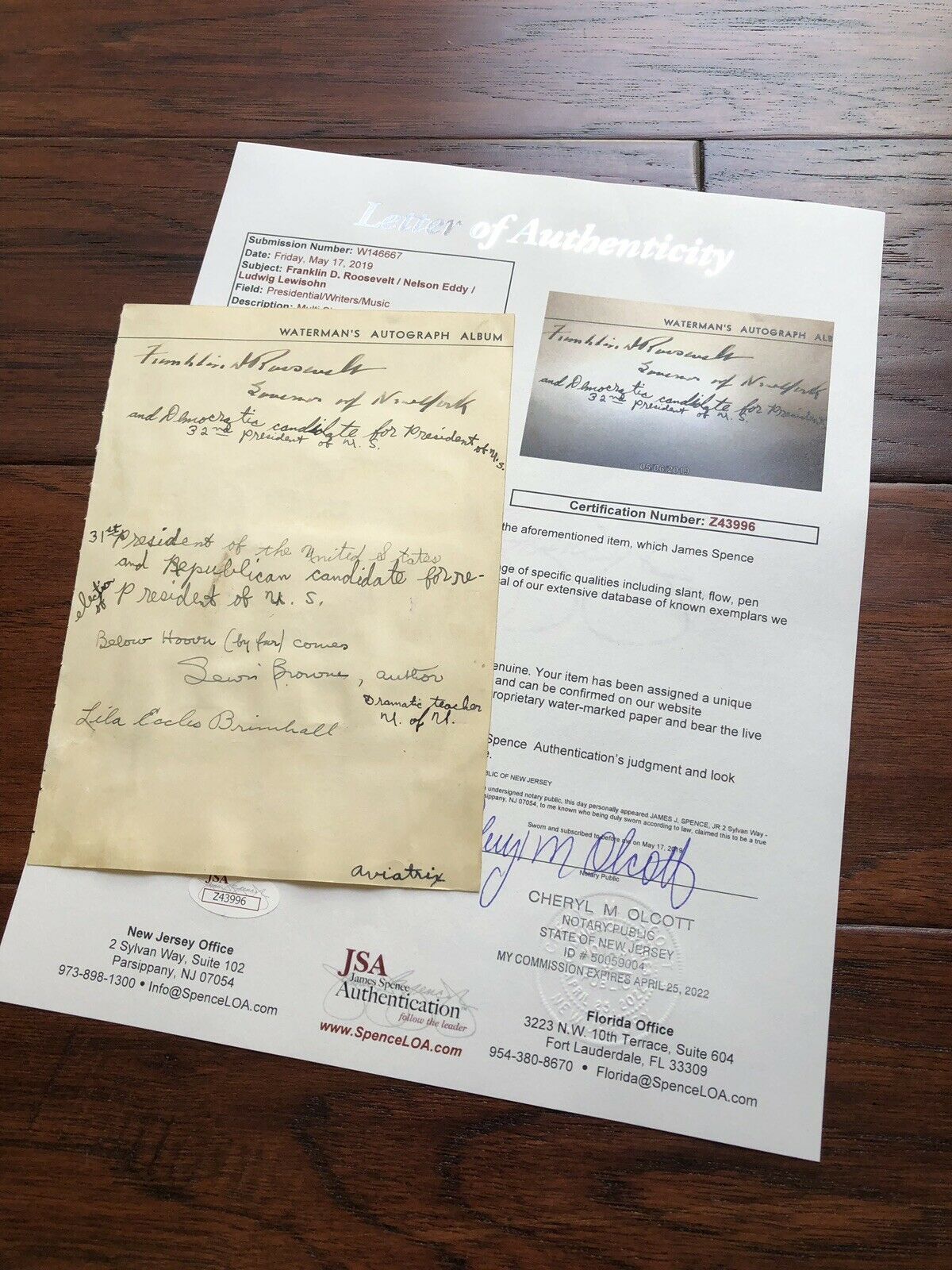 FRANKLIN D. ROOSEVELT * JSA LOA * Waterman's Autograph Album Signed Page *