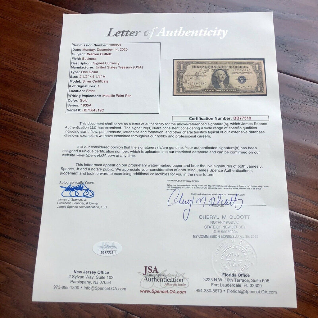 WARREN BUFFETT * JSA LOA * Hand Signed Silver Certificate Dollar Bill Autograph