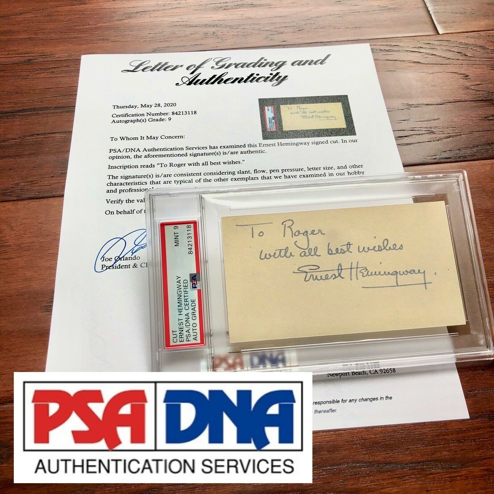 ERNEST HEMINGWAY * PSA/DNA Mint 9 * Hand Signed Autograph Card * Book Author