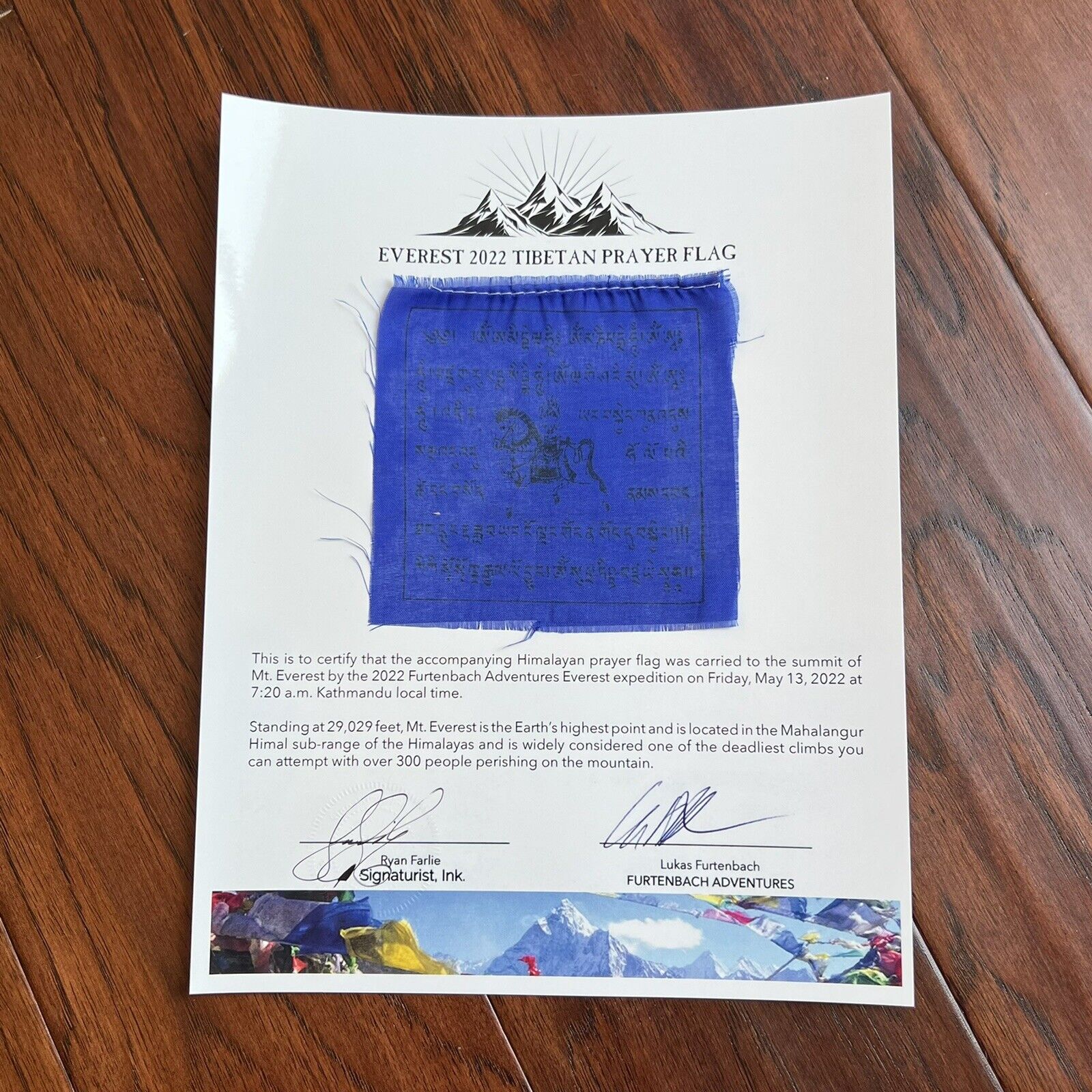 MOUNT EVEREST Genuine Prayer Flag ARTIFACT Carried to the Summit of MT 29029 FT