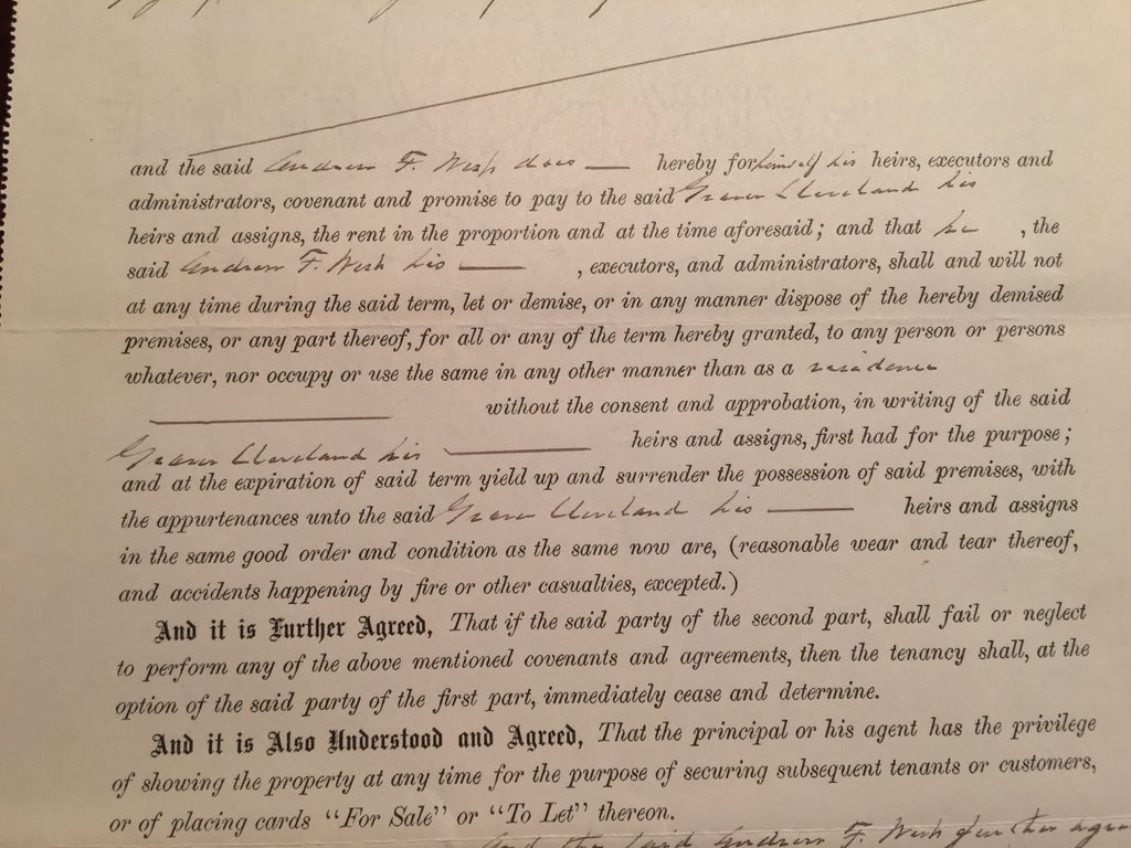 GROVER CLEVELAND * SIGNED 8x AUTOGRAPH Handwritten WESTLAND Lease * President