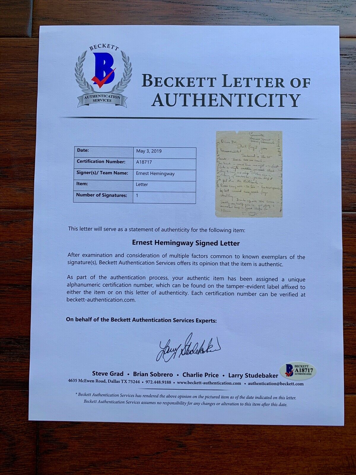 ERNEST HEMINGWAY * BAS * Handwritten Autograph LETTER * "Green Hills of Africa"