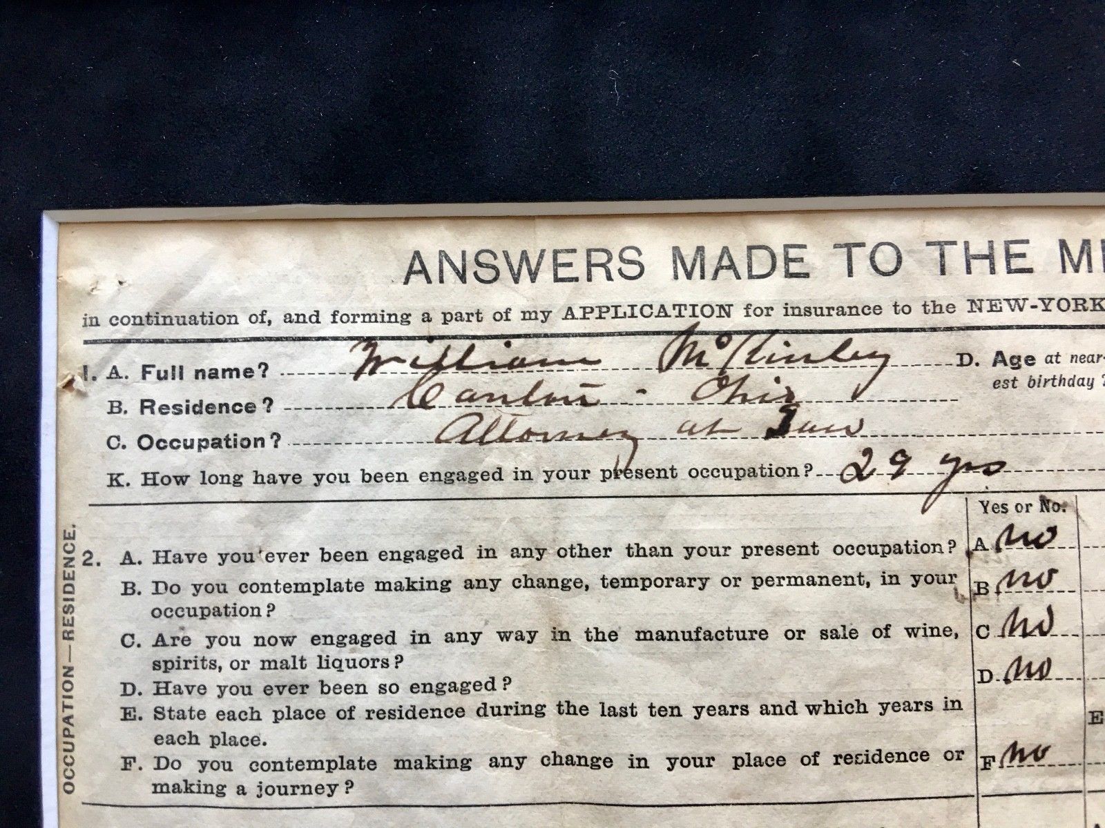 WILLIAM McKINLEY * Life Insurance Policy President Nominee * 2x SIGNED AUTOGRAPH