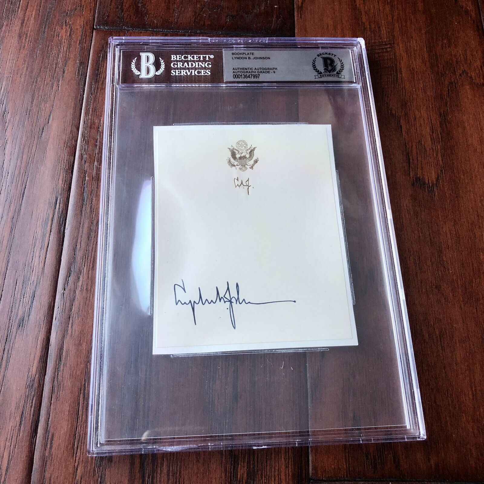 LYNDON B. JOHNSON * BECKETT BAS SLAB * GRADED MINT 9 Autograph Bookplate Signed