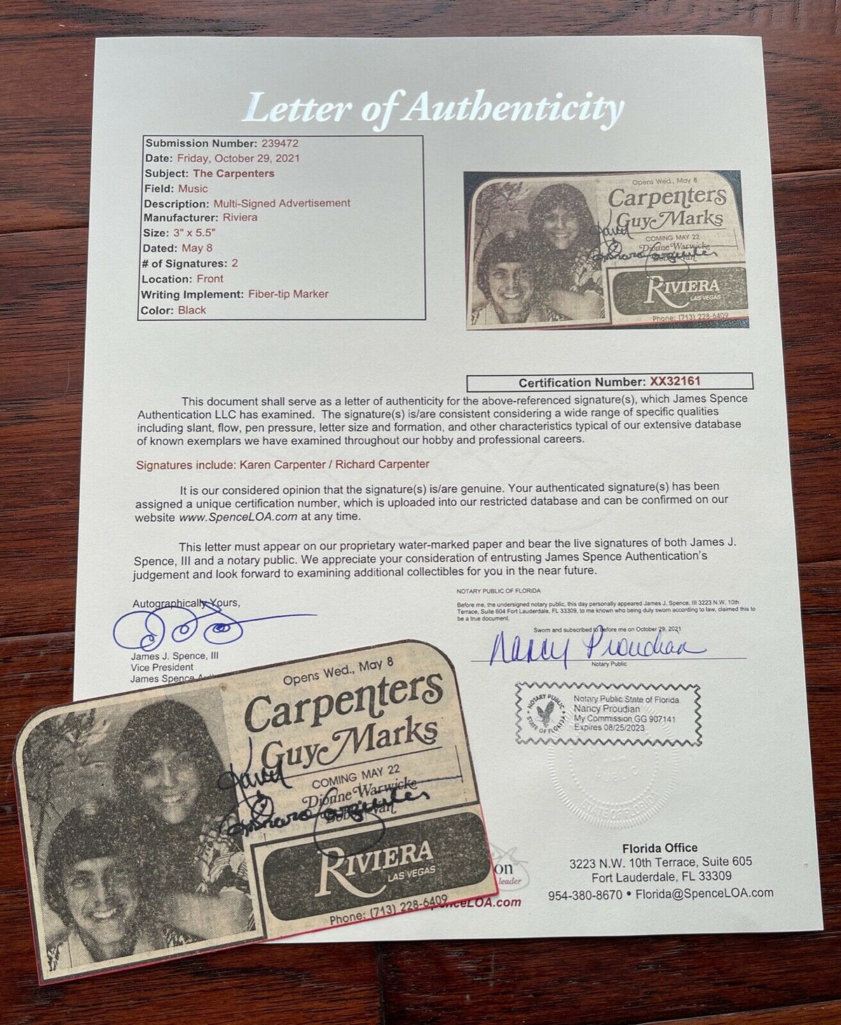 CARPENTERS * KAREN + RICHARD * JSA * Autograph Duo Newspaper Ad Signed