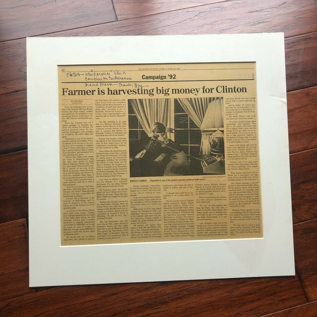BILL CLINTON * JSA LOA * AUTOGRAPH Newspaper SIGNED re: Harvesting Contributions