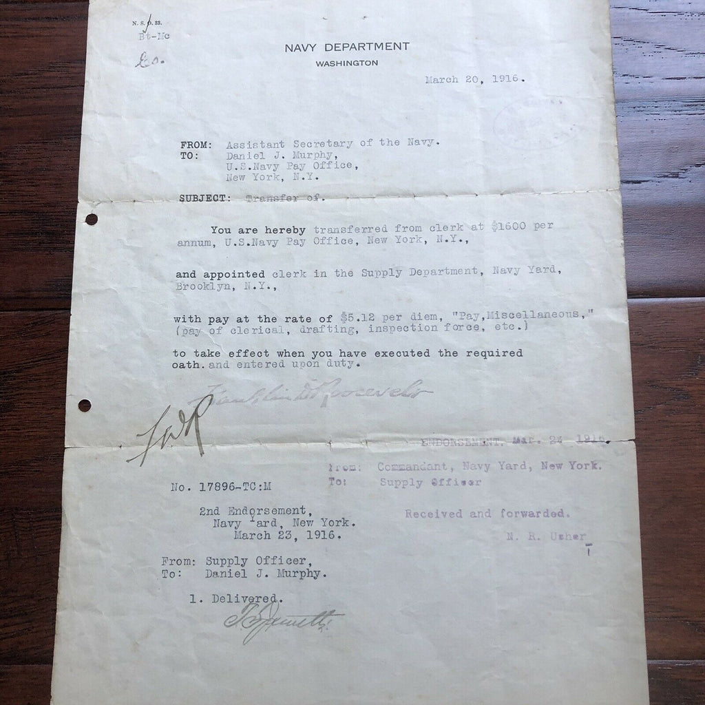 FRANKLIN D. ROOSEVELT * JSA LOA * Hand Signed Navy Document Autograph * FDR